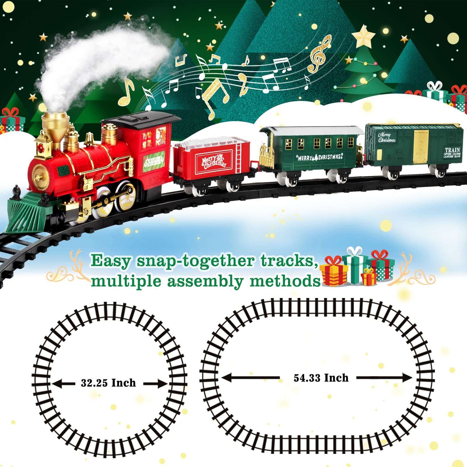 OleFun Train Set - Christmas - Train Toys for Boys Girls & Sound, Railway Kits, Toy Train w/Steam Locomotive Engine, Cargo Cars & Tracks, for 3 4 5 6 7 8+ Year Old Kids 3