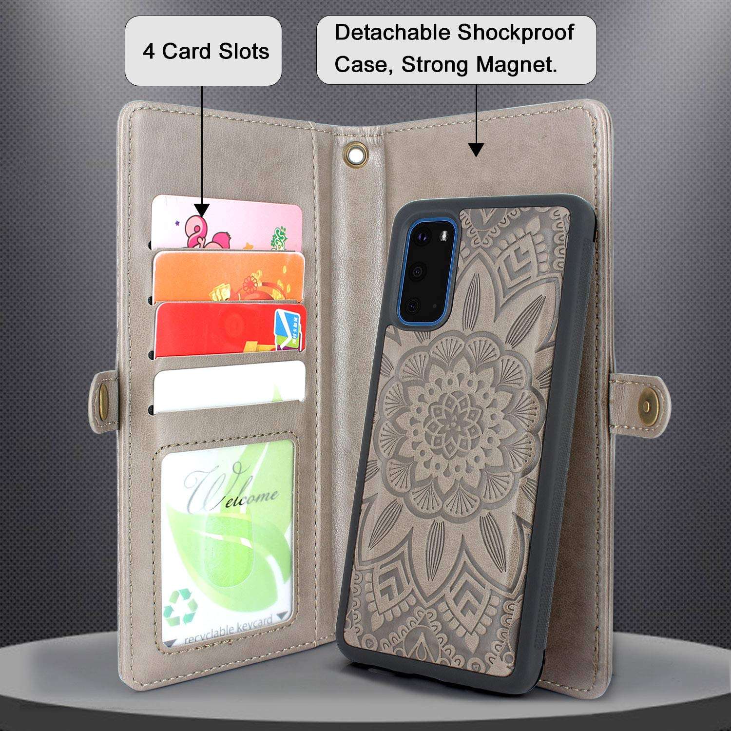Harryshell Detachable Magnetic 12 Card Slots Wallet Case Shockproof PU Leather Flip Protective Cover Wrist Strap for Samsung Galaxy S20 6.2 inch (Flower Grey) 2