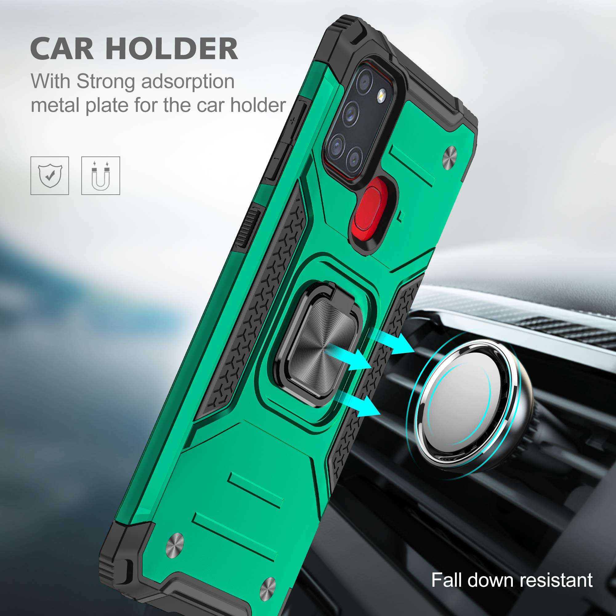 YmhxcY Galaxy A21S Case, Samsung A21S Case with Tempered Glass Screen Protector [2 Pack], Armor Grade Case with Rotating Holder Kickstand Non-Slip Hybrid Rugged Case for Galaxy A21S-KJ Dark Green 5