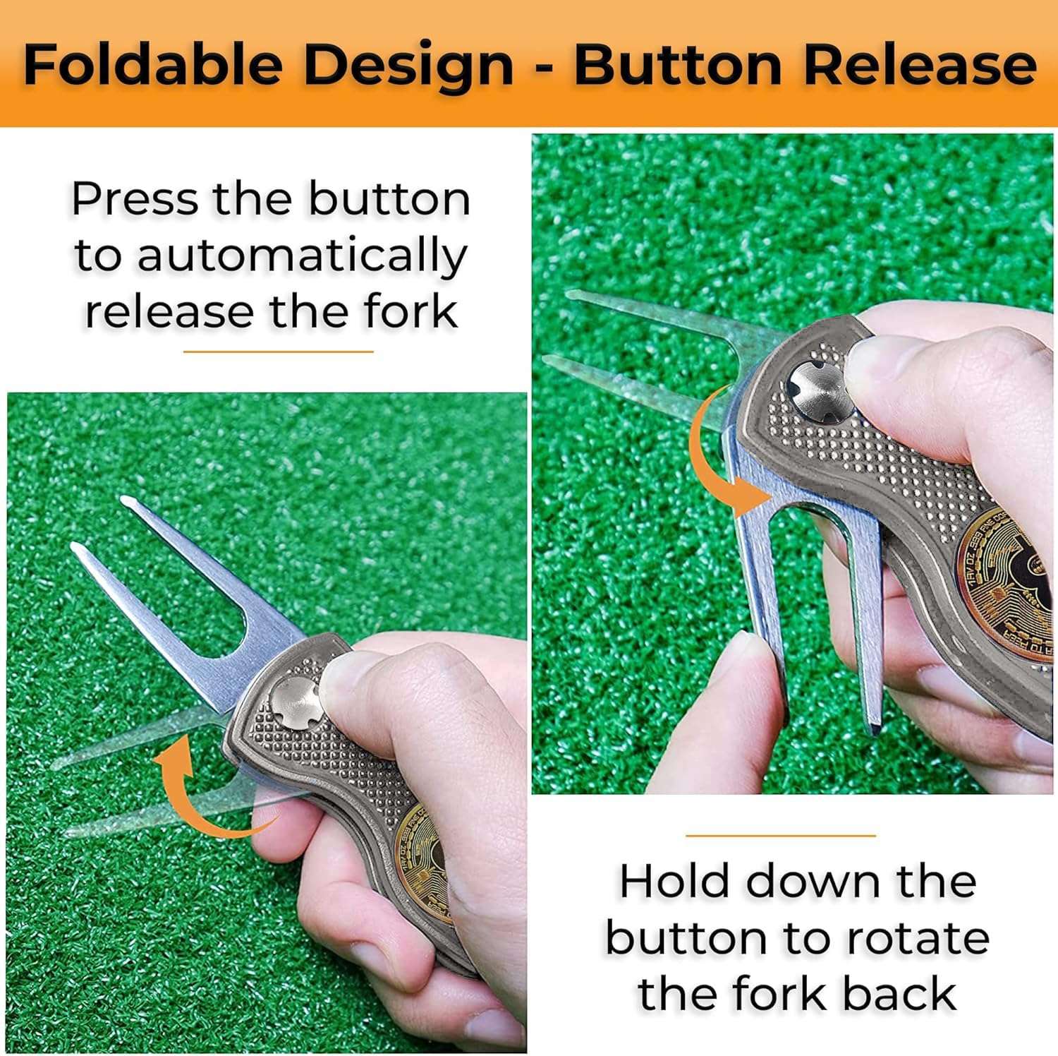 HODL 21 Bitcoin Golf Divot Repair Tool, All-Metal Golf Accessories - 3- in-1 Golf Multitool (Divot Tool, Ball Marker, Club Holder) | Foldable with with Pop-up Button & Magnetic Ball Marker 4