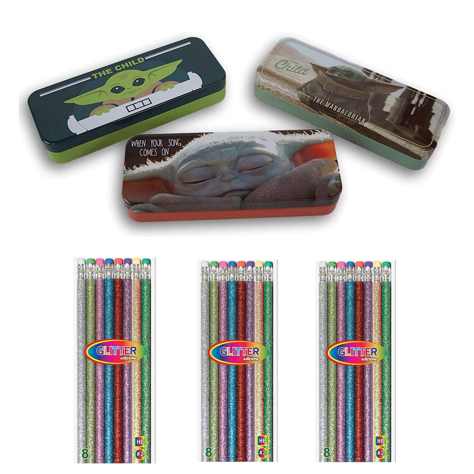 Set of 3 (Baby Yoda) Metal Tin Pencil Case and 24 Wood Pencil Glitter Metallic Pencils With Erasers 1