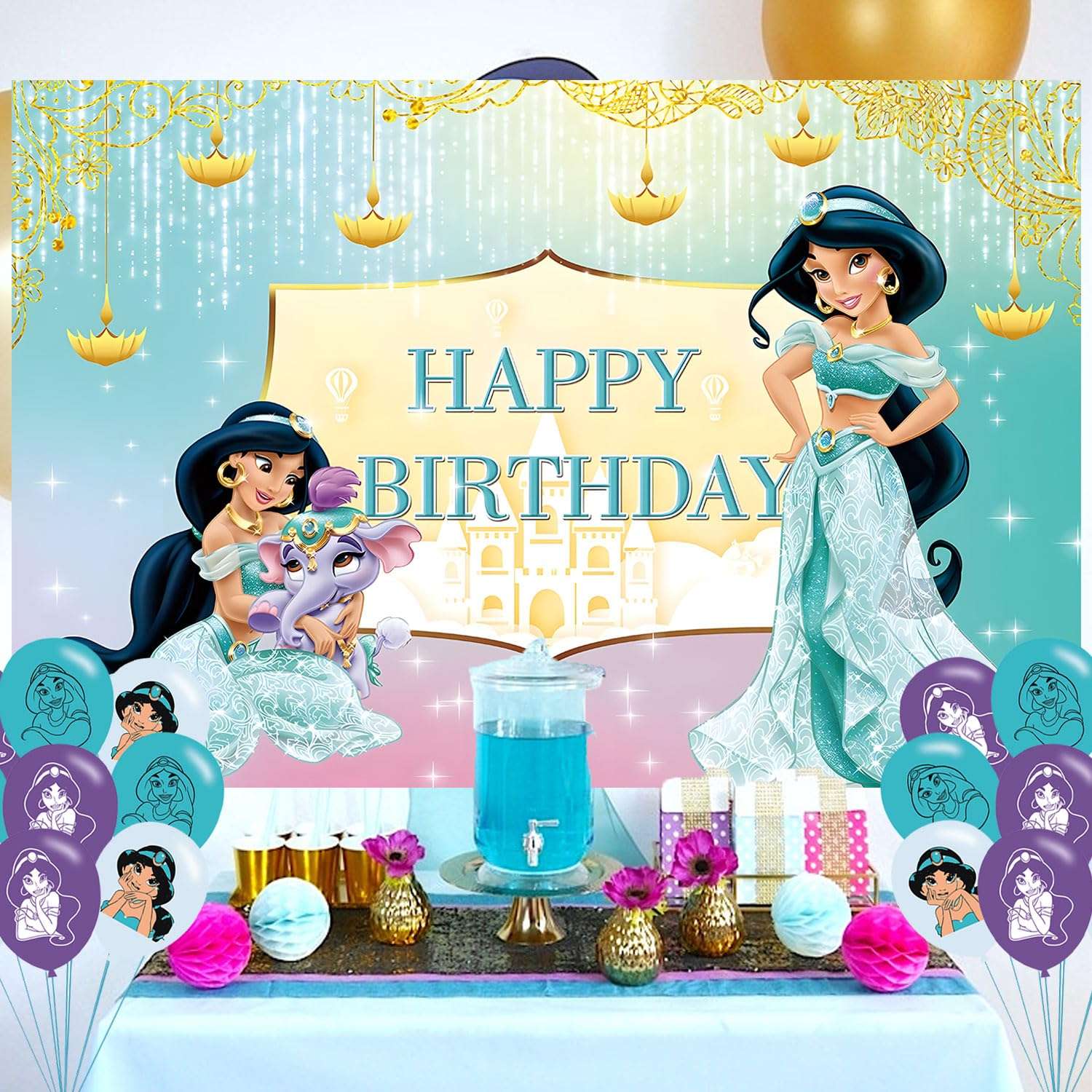 Princess Jasmine Birthday Party Decoration,Princess Party Photo Background 5 x 3 FT and 18 Pcs Balloon,Merch Party Backdrop Supplies 5