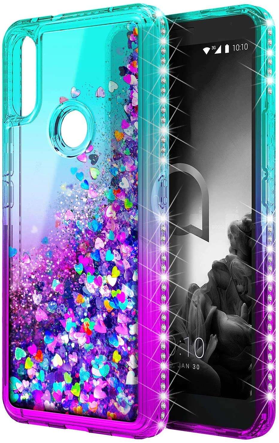 E-Began Case for Alcatel 3V (5032W) with Tempered Glass Screen Protector (Full Coverage), Glitter Liquid Floating Gradient Sparkling Bling Diamond, Durable Girls Women Cute Case -Aqua/Purple 2