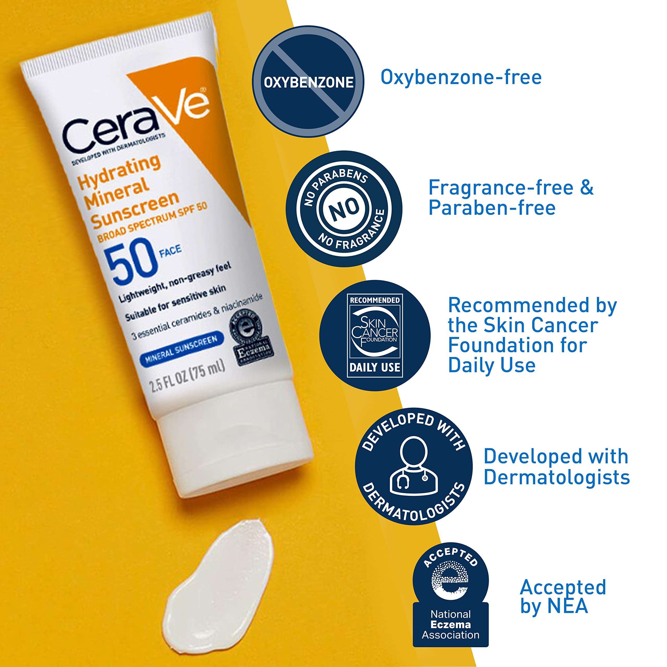 CeraVe 100% Mineral Sunscreen SPF 50, Face sunscreen With Zinc Oxide & Titanium Dioxide, Hyaluronic Acid + Niacinamide + Ceramides, Oil Free, Travel Size 2.5 oz 3