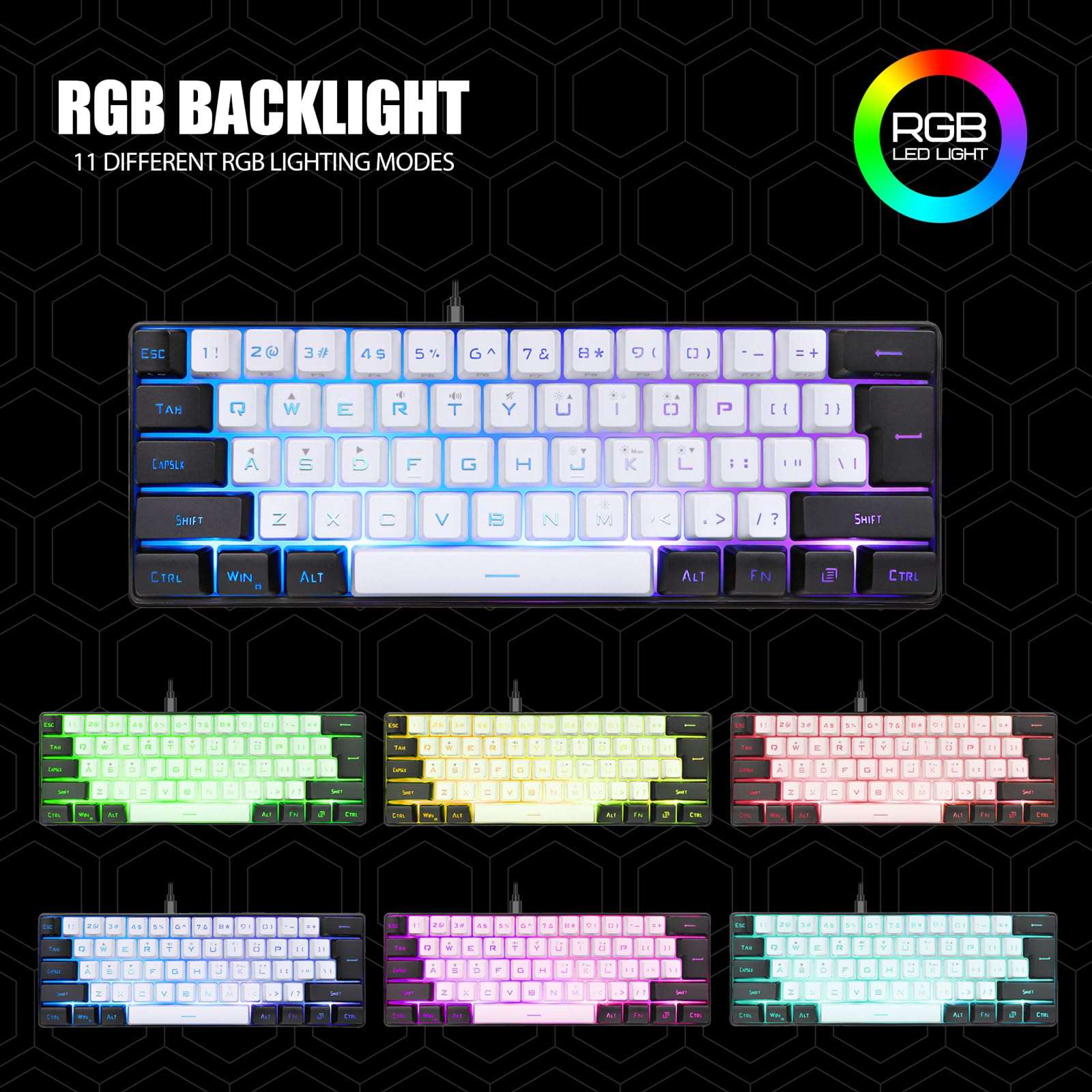 Denash Mini RGB Keyboard, Type C Interface Plug and Play Wired Keyboard DC 5V Mechanical Feeling 61 Keys for for Office (White) 4