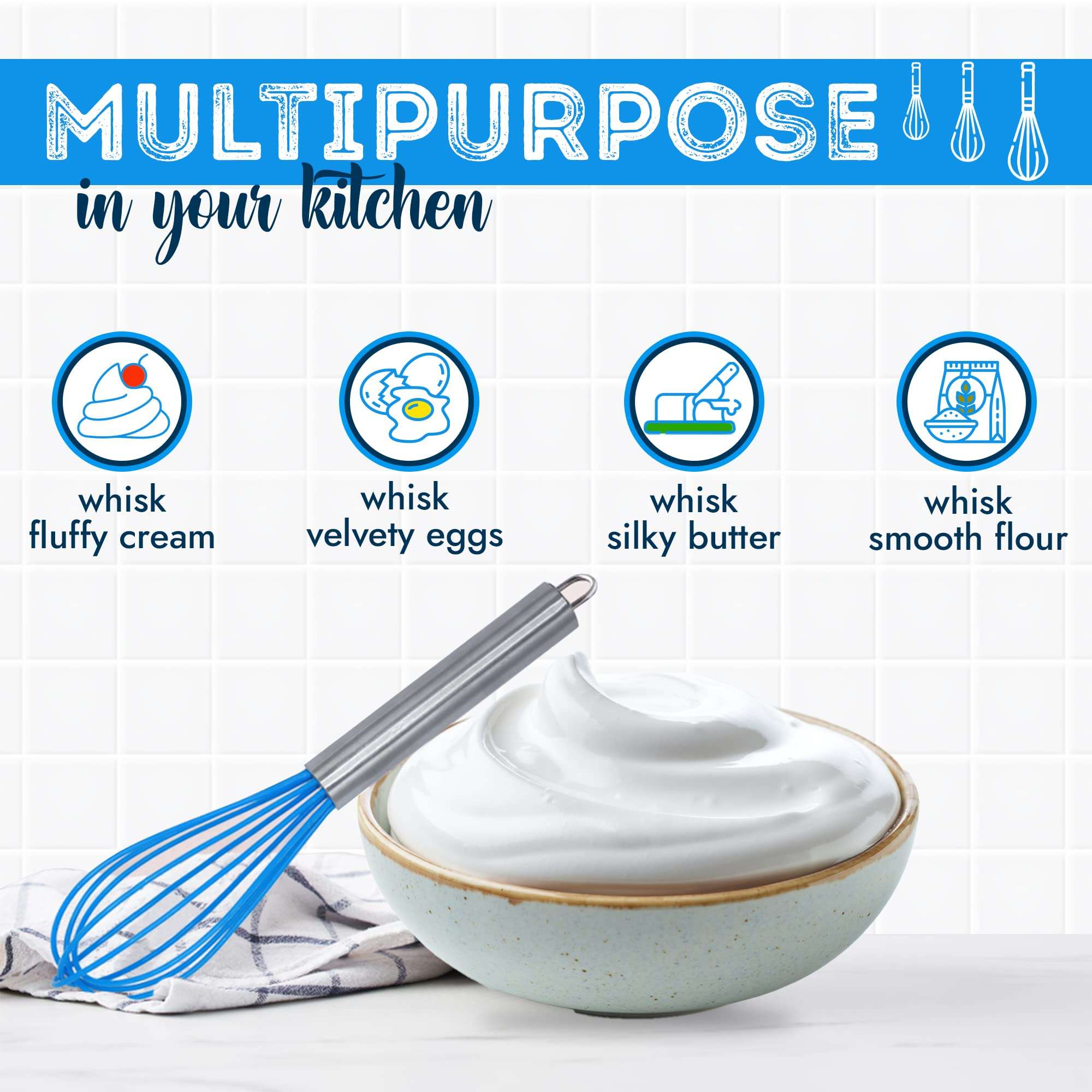 Silicone Whisk Set of 3, Very Sturdy, Silicone Whisks for Cooking Non Scratch Pots, Rubber Whisk, Enjoy Wisk Cooking Egg and Milk Beating, Stirring, Mixing, Whisking, Frothing, Blue 6