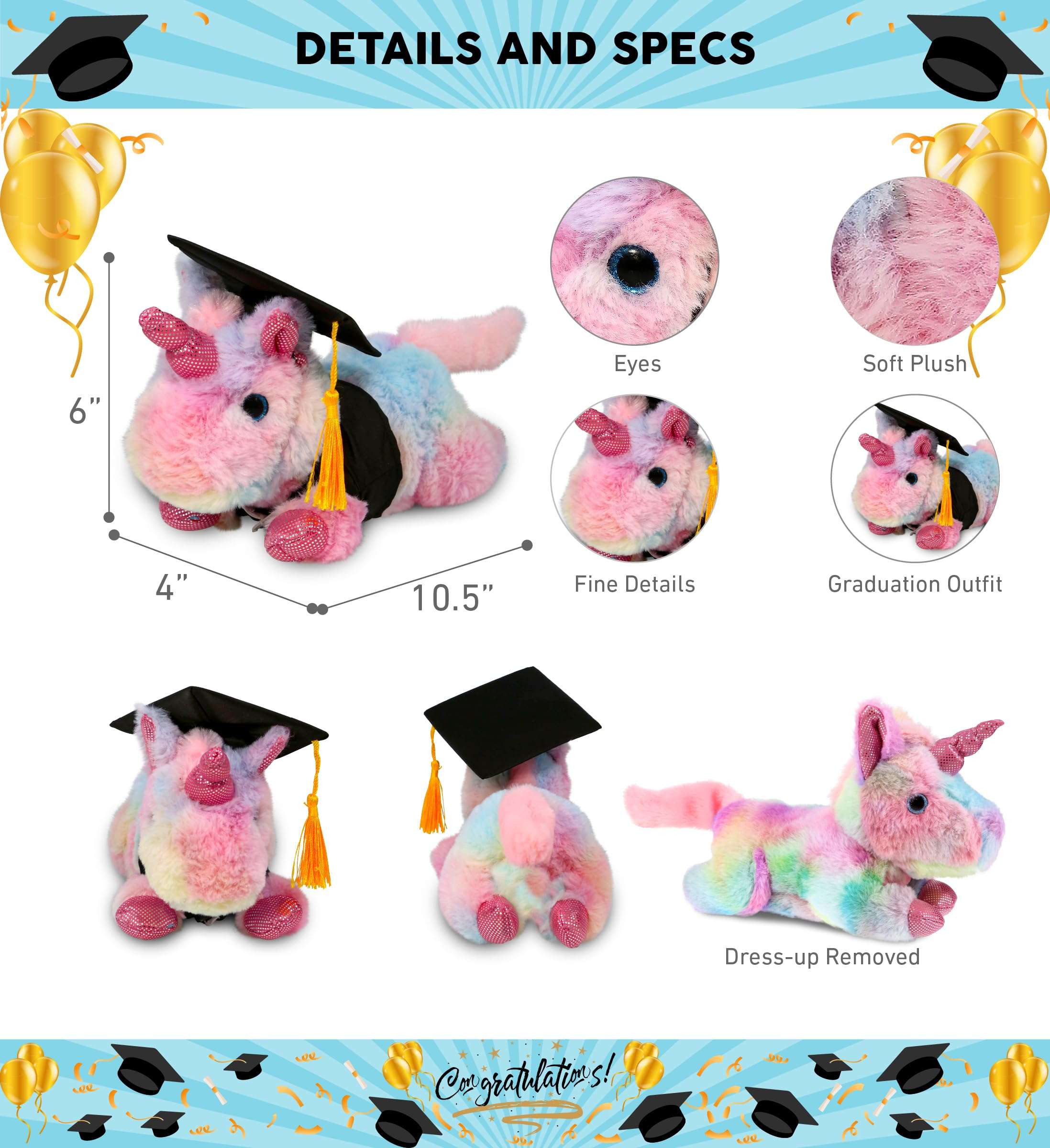 DolliBu Sunday Rainbow Unicorn Graduation Plush Toy - Cotton Candy Plush Graduation Stuffed Animal Dress Up Gown and Cap with Tassel - Gift with Personalization - 10.5 Inches 4