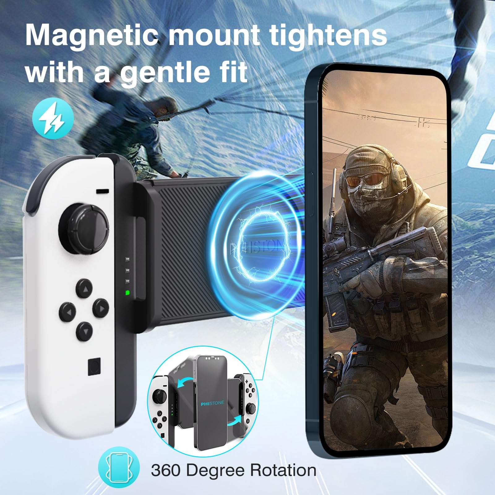 Phistone Magnetic MagSafe Smartphone & Tablet Mount for Nintendo Switch JoyCon (JoyCon Not Included) - 360° Rotation, Adjustable Length, Multi-Device Compatible, Strong Magnetic Hold 4