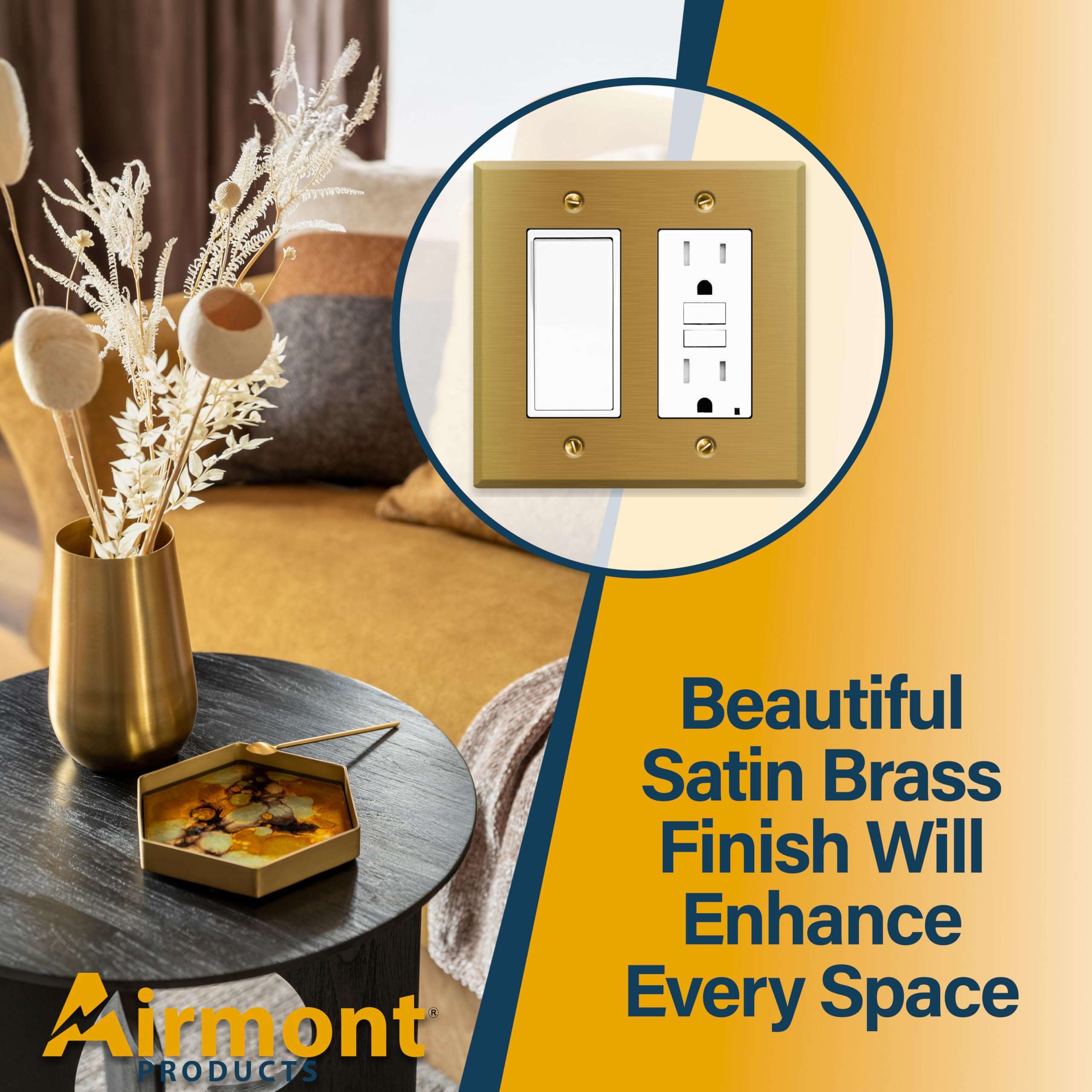 Satin Brass Rocker Switch Wall Plate, 1-Gang, Standard Size, Heavy-Duty Metal, GFCI/Rocker Outlet Cover, UL Listed Decorative Light Switch Cover, Made in USA, Screw Mount, Satin Finish (2, 2-Gang) 6