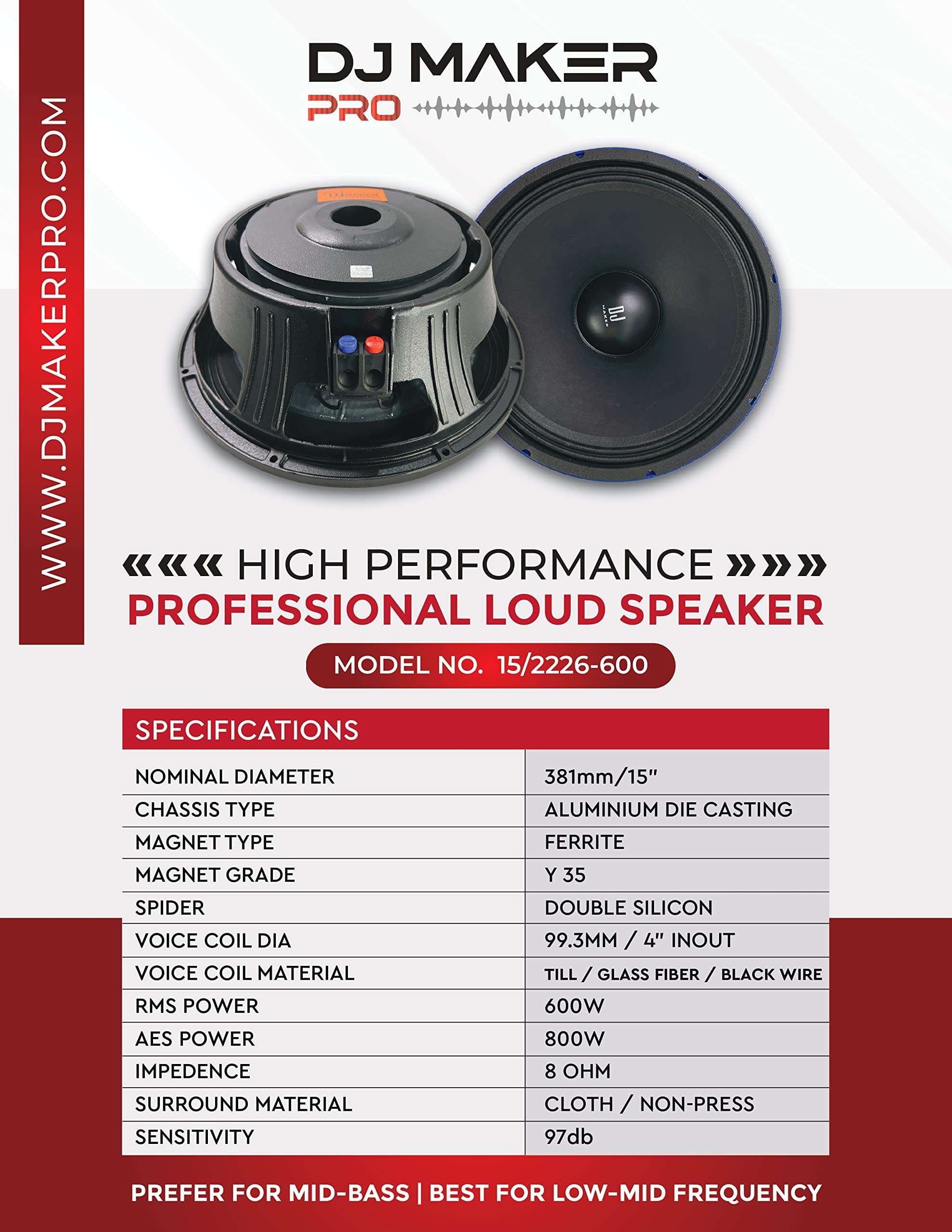 DJMAKER Aluminium Die Casting 600W Model NO.15/2226-600 Diameter 381MM - 15" Loud Speaker with Y35 Magnet Grade IMPEDENCE 8 OHM | Connect with Lead Wire | Black 6