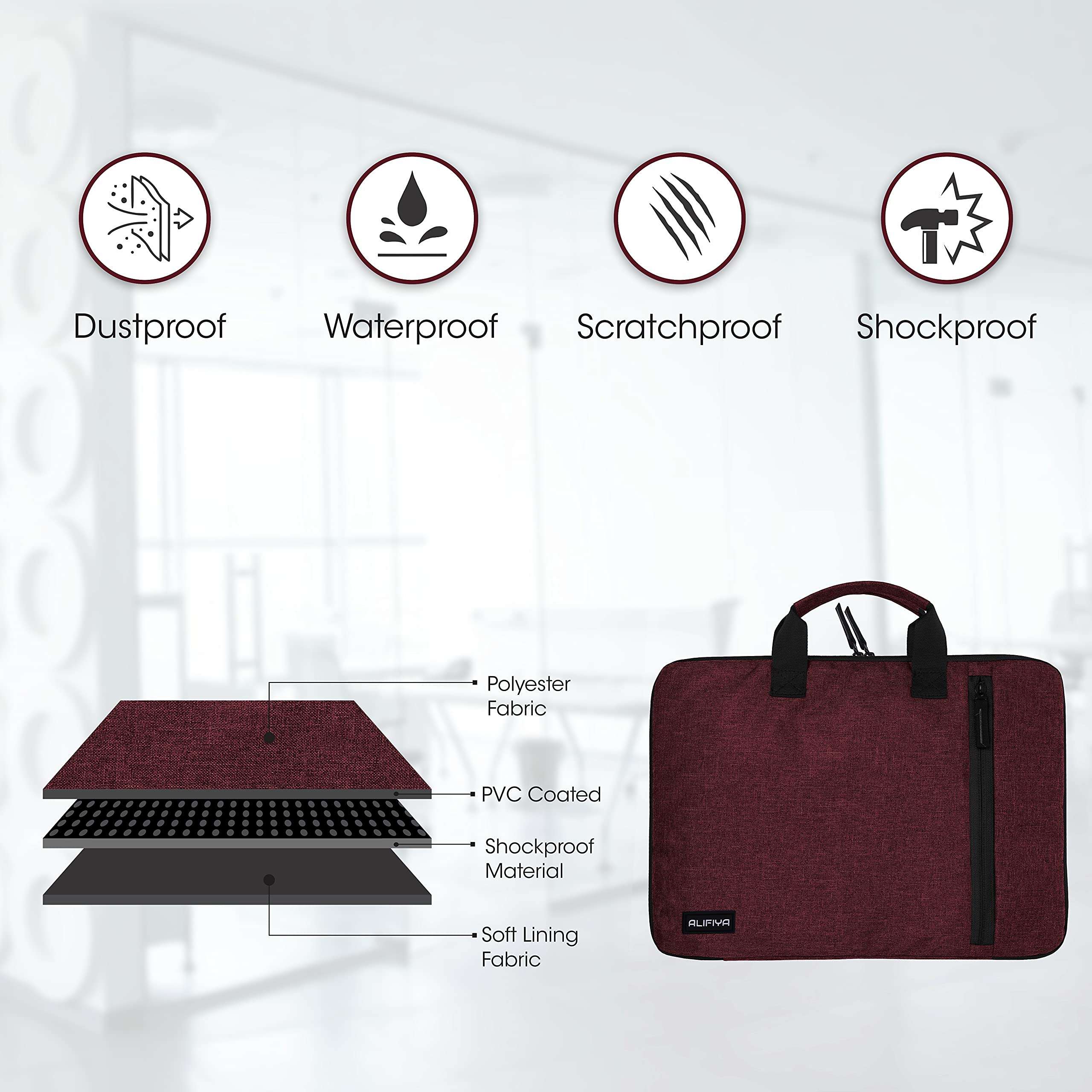 Alifiya Polyester Laptop Sleeve Cover Bag 15.6 Inch with Charger Pouch for MacBook / Lenovo / Dell / Surface Pro / Asus / HP (Maroon_L22, 180 Degree Opening) 4
