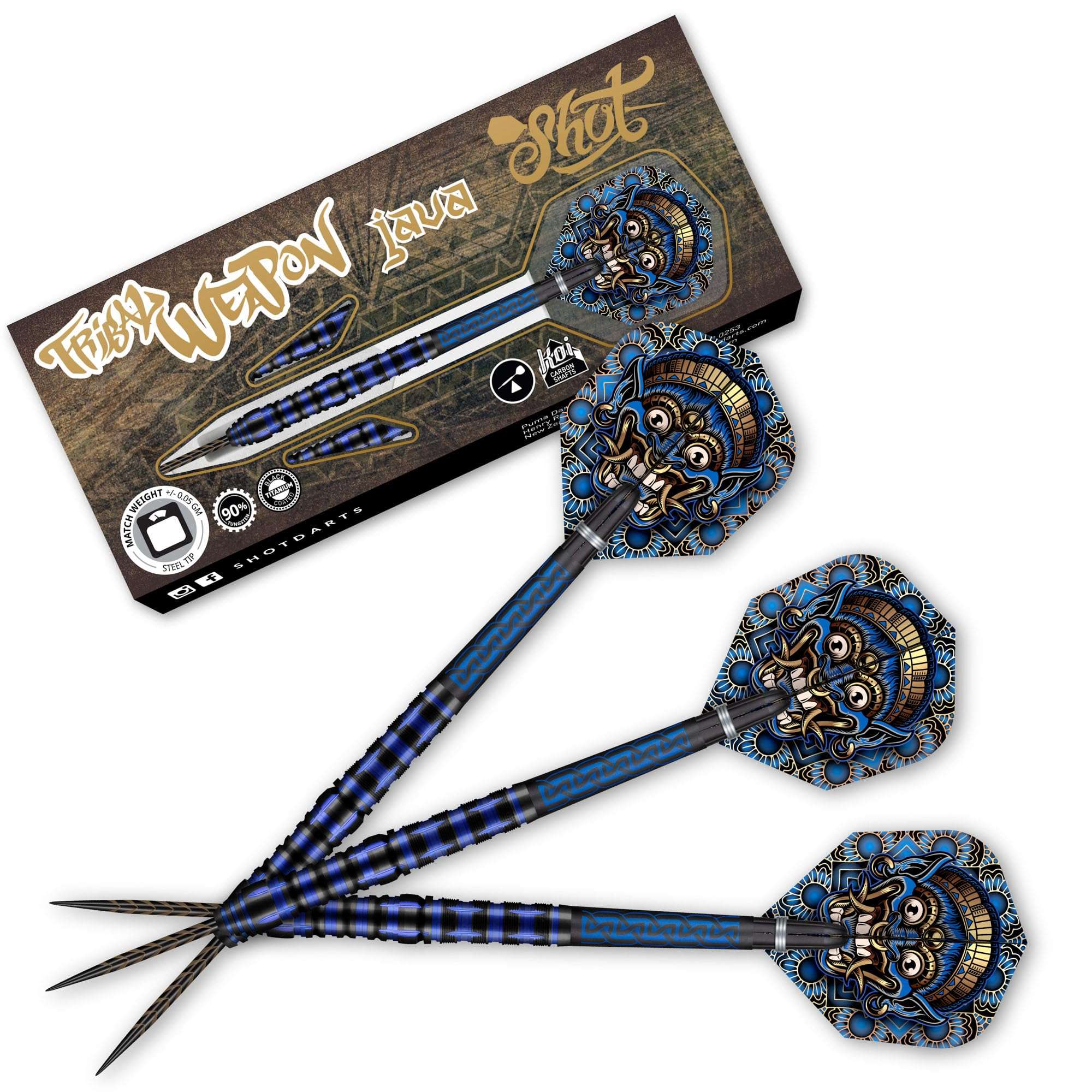 Shot! Darts Tribal Weapon Java Steel Tip Dart Set-90% Tungsten Barrels, Professional – Made in New Zealand – Designed Dart Flights for Women & Men – Metal Tip Bar Darts for Adults 1