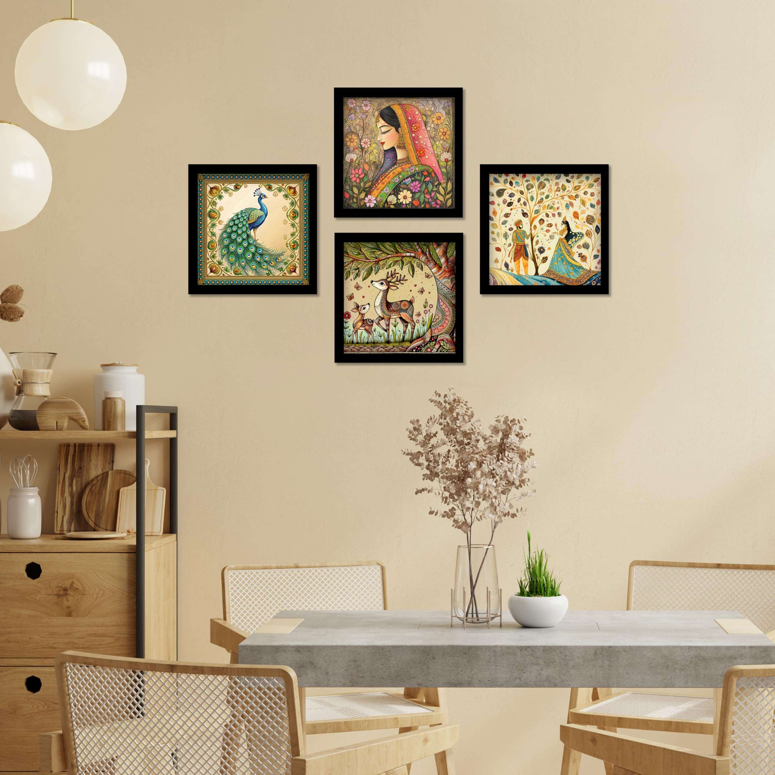 Rousrie Madhubani Art Framed Painting For Home, Living Room, Hall | Traditional Rajasthani Pichwai Art Paitnings With Frame For Home Decor (Set Of 4) 3