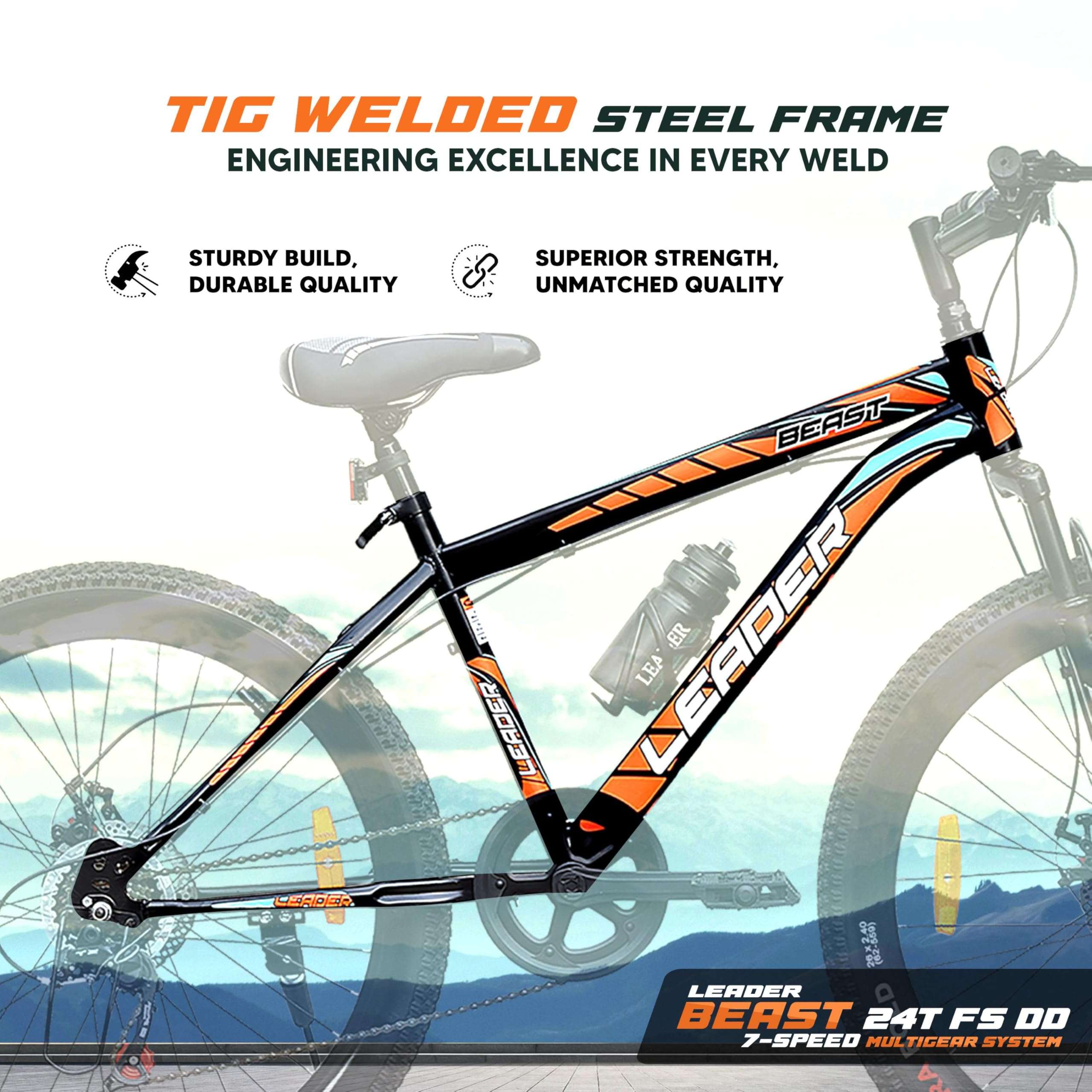 Leader Beast 24T 7-Speed Kids MTB Cycle | Kids Cycle with Sturdy 16 Inch Frame | Gear Bicycle with Front Suspension & Dual Disc Brakes | Ideal for Kids 9-13 Years (Black/Orange) 4