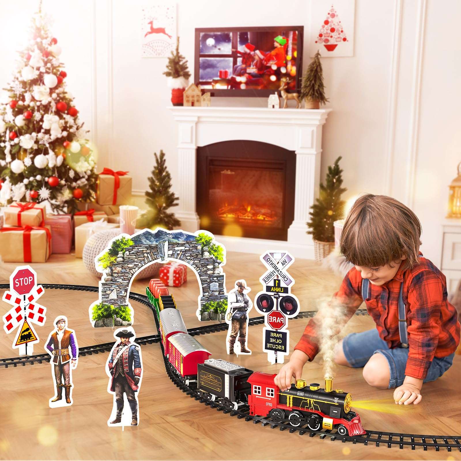 Locomoto Train Set - Train Toys for Boys Girls w/Smoke, Light & Sounds, Railway Kits, Toy Train w/Steam Locomotive Engine, Carriages, Cargo Car & Tracks, for 3 4 5 6 7+ Year Old Kids 4