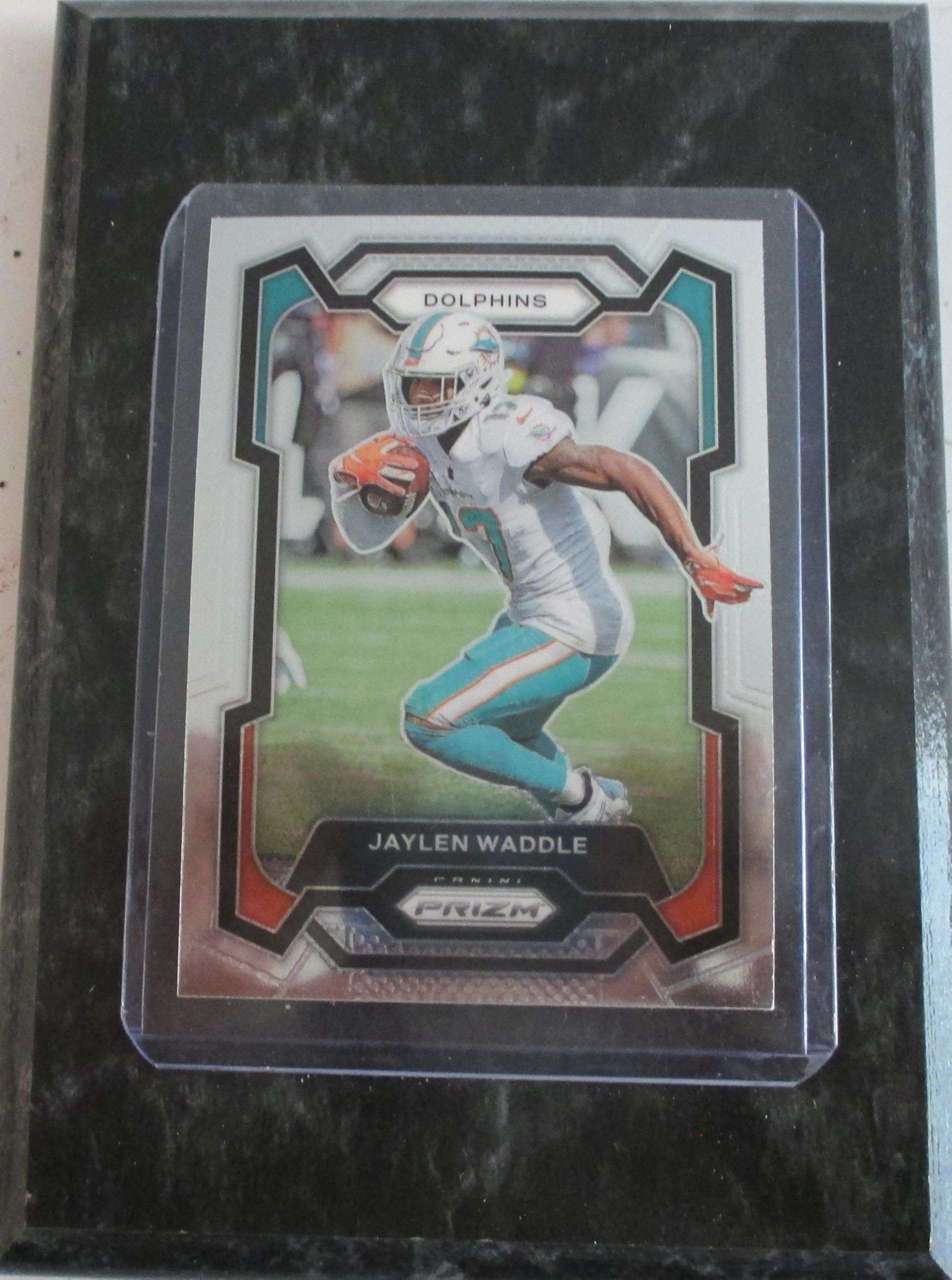 JAYLEN WADDLE MIAMI 2023 PRIZM FOOTBALL COLLECTIBLE PLAYER CARD MOUNTED ON A "4 X "6 BLACK MARBLE PLAQUE