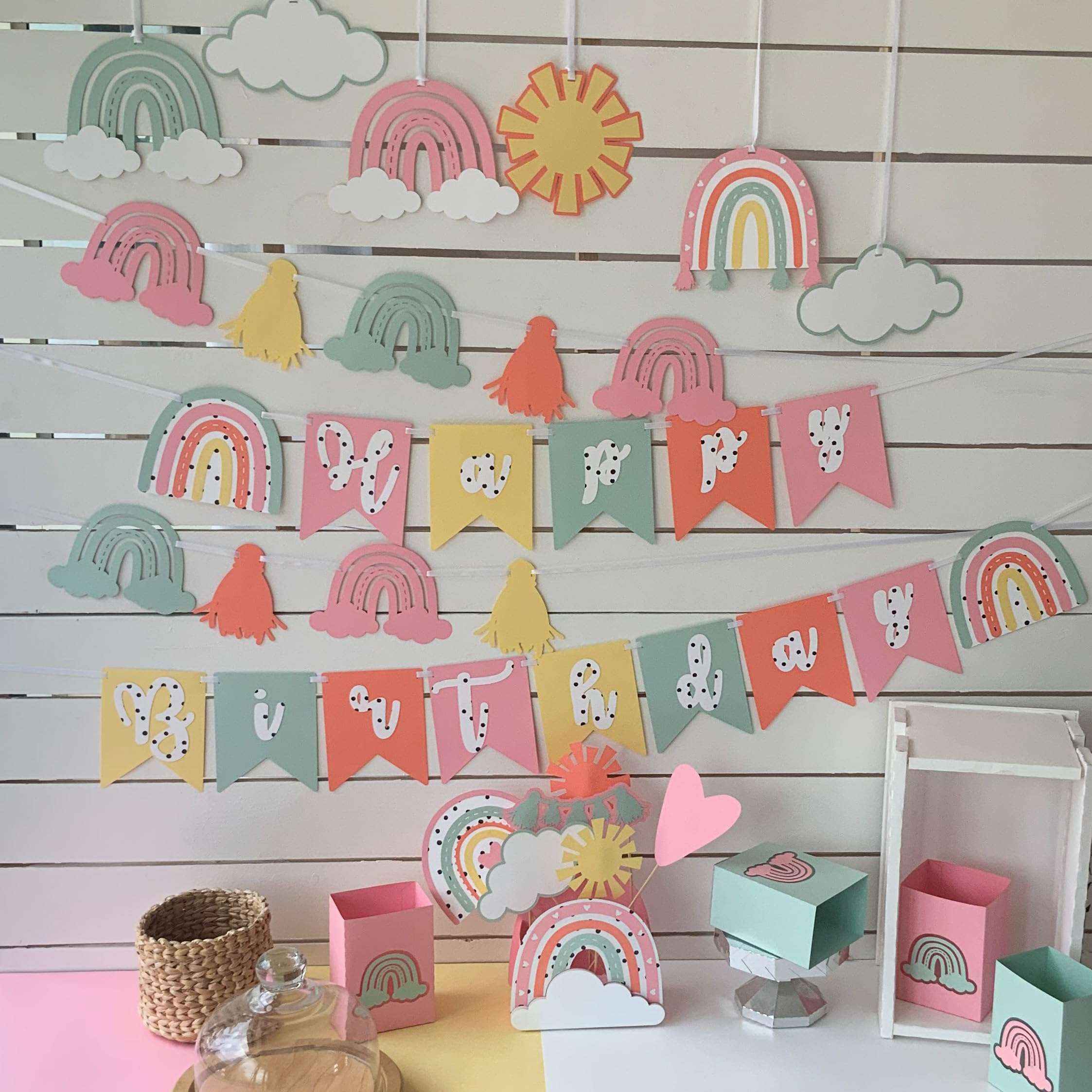 Pinfliers Pastel Birthday Decorations,Rainbow Theme Happy Birthday Decoration Set/Kit, Paper Popcorn Box,Banner/Bunting/Pennant/Flag, Hanging/Swirls,Party Table Centerpiece,Pastel-Multicolor,19 pieces 1