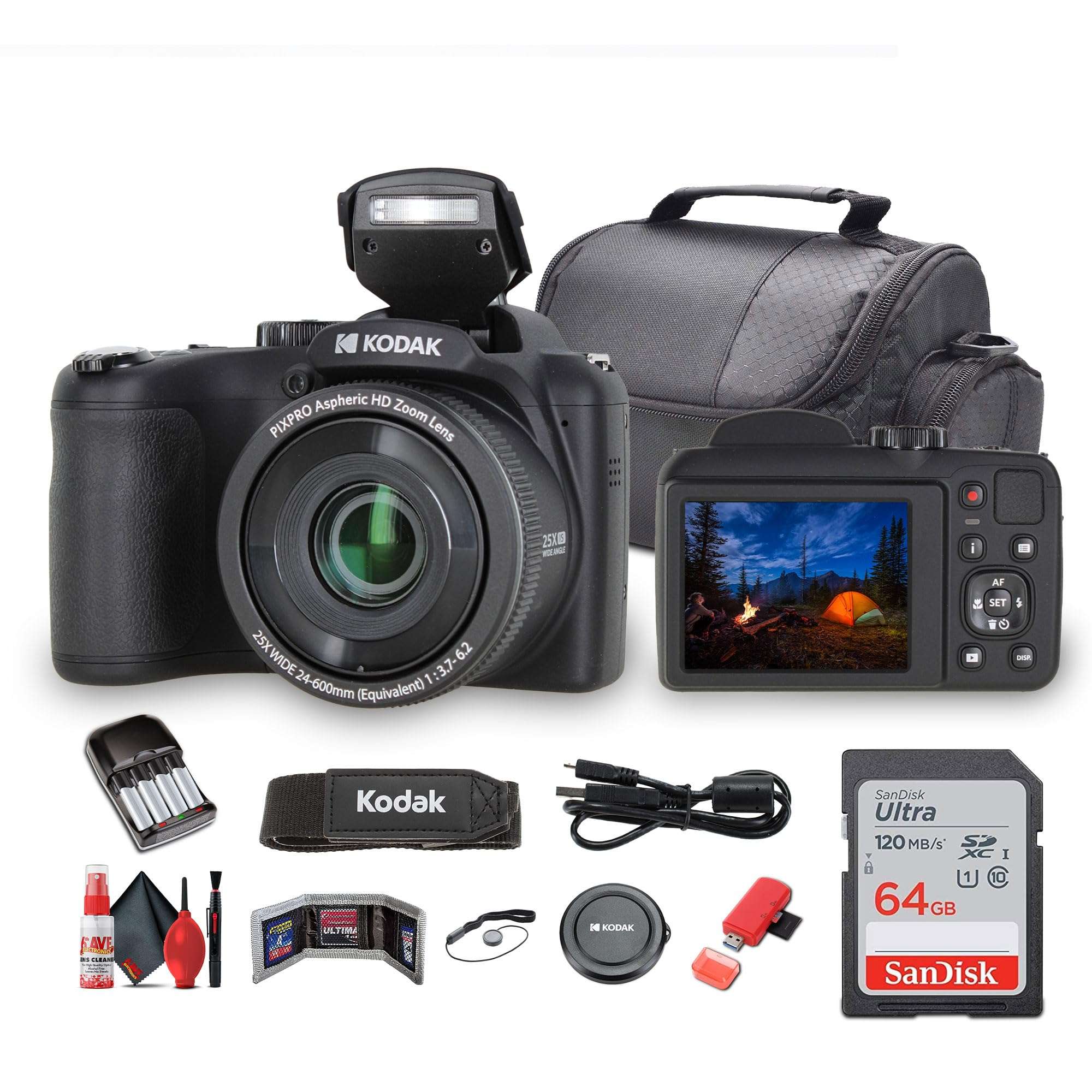 Kodak Pixpro AZ255 Digital Camera (AZ255BK) Bundle Including: 64 GB Memory Card, Rechargeable Batteries, Case, Neck Strap, Lens Caps, Full Cleaning Kit, Card Reader, Card Wallet, USB Cable, Cap Keeper 1