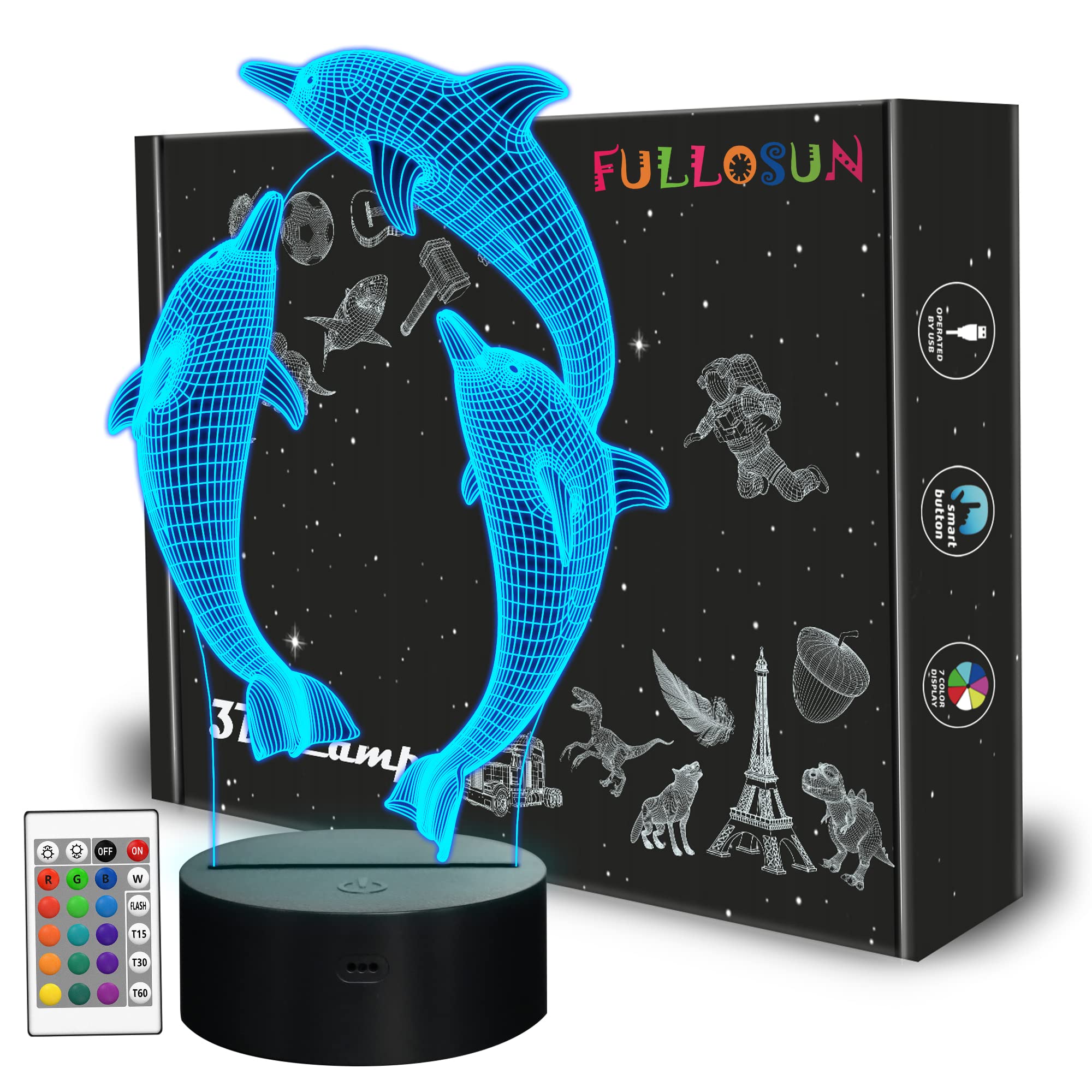 Night Light for Kids Ocean Dolphin 3D Night Light Porpoise Bedside Lamp 7 Color Changing Xmas Halloween Birthday Gift for Child Baby Boy