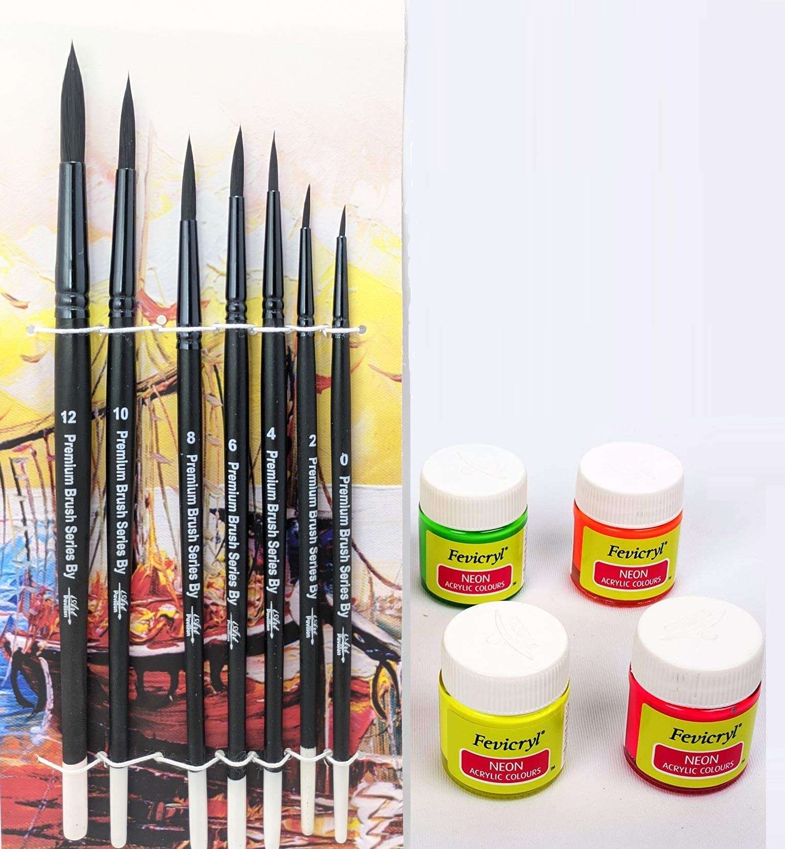 Fevicryl Art Craft Painting Neon Acrylic Colors - Neon Yellow, Neon Orange, Neon Pink, Neon Green with Black Hair Round Brushes - Set of 7 1