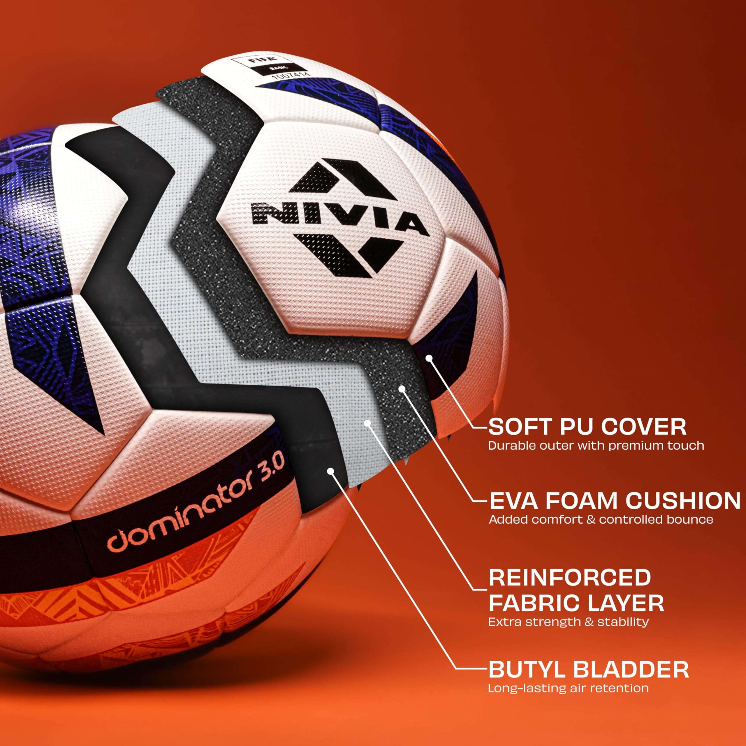 Nivia Dominator 3.0 Football, Match Ball, 32 Panels, Durable & Soft PU Leather, Butyl Fabric Wounded Bladder, FIFA Basic, to Play on Both Natural and Artificial Grass (Multicolor, Size - 5) 5