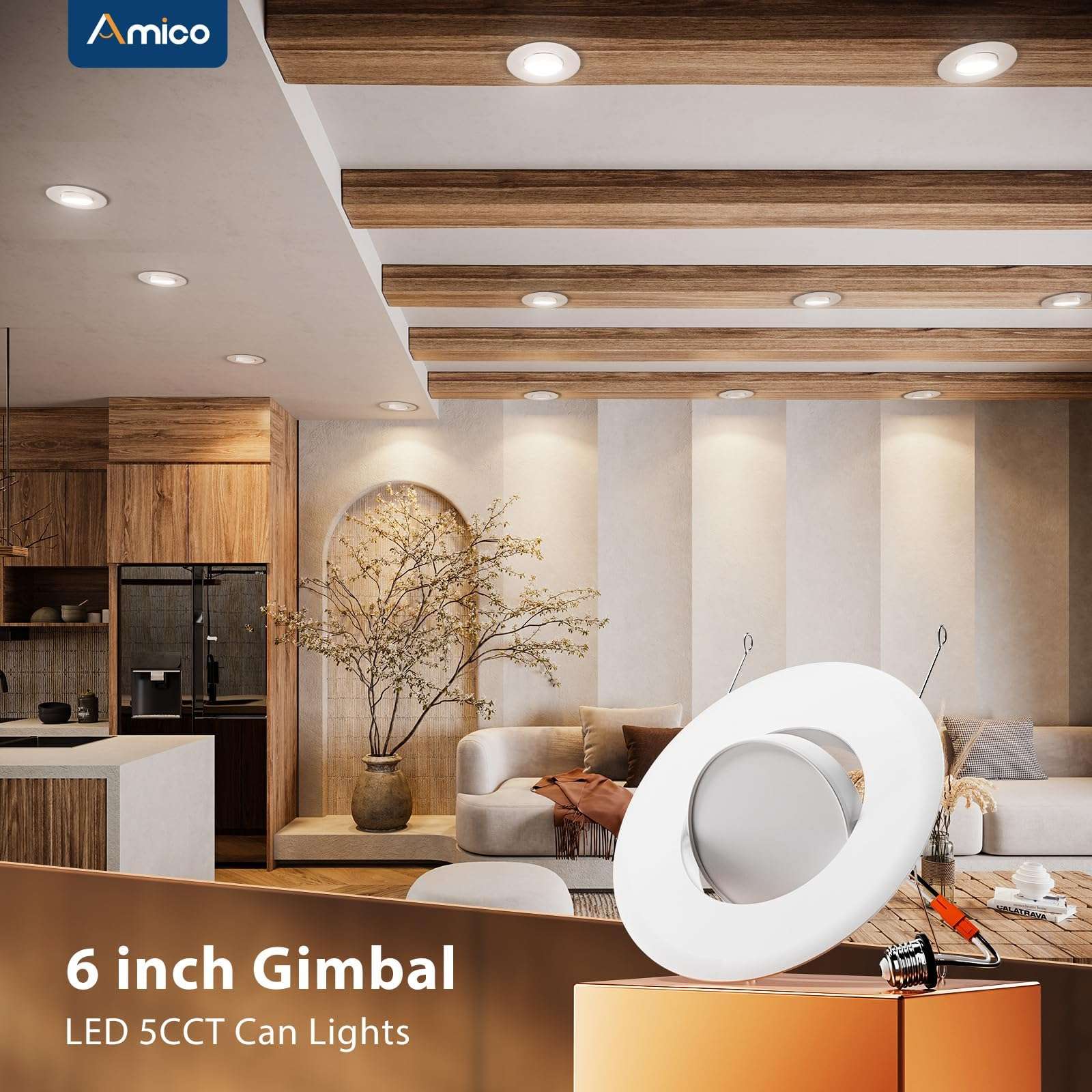 Amico 4 Pack 6 Inch Retrofit Eyeball Gimbal Can Lights, Adjustable Eyeball Directional 5CCT LED Recessed Lights, Dimmable, 2700K/3000K/3500K/4000K/5000K Selectable, 7W 650LM, ETL&FCC 5