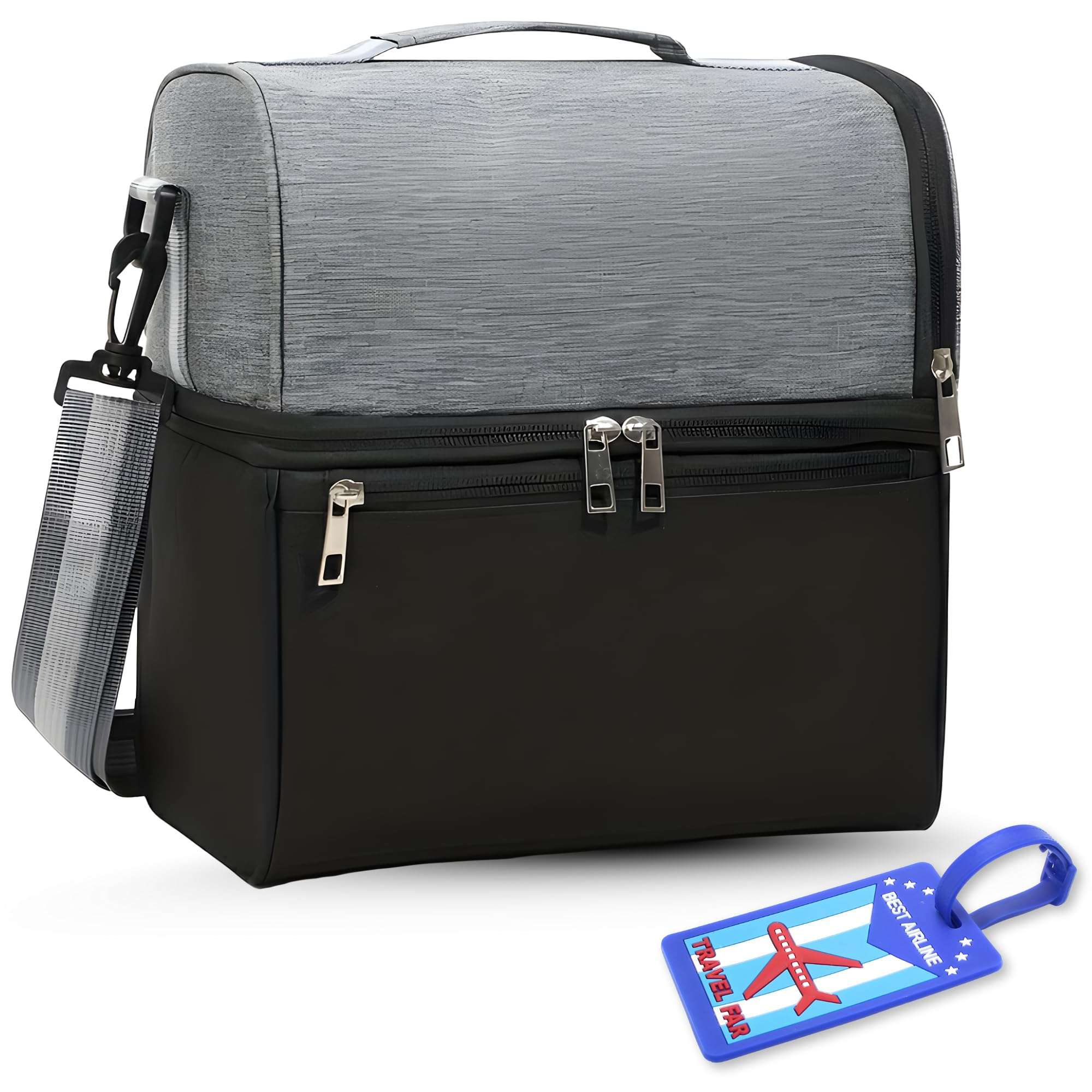 OCEANEVO 2 Compartment Insulated Lunch Bag with Luggage Tag, Tiffin Bag for Office with Handle and Shoulder Strap for Men and Women - 28 x 25 x 18 Cm - Grey 1