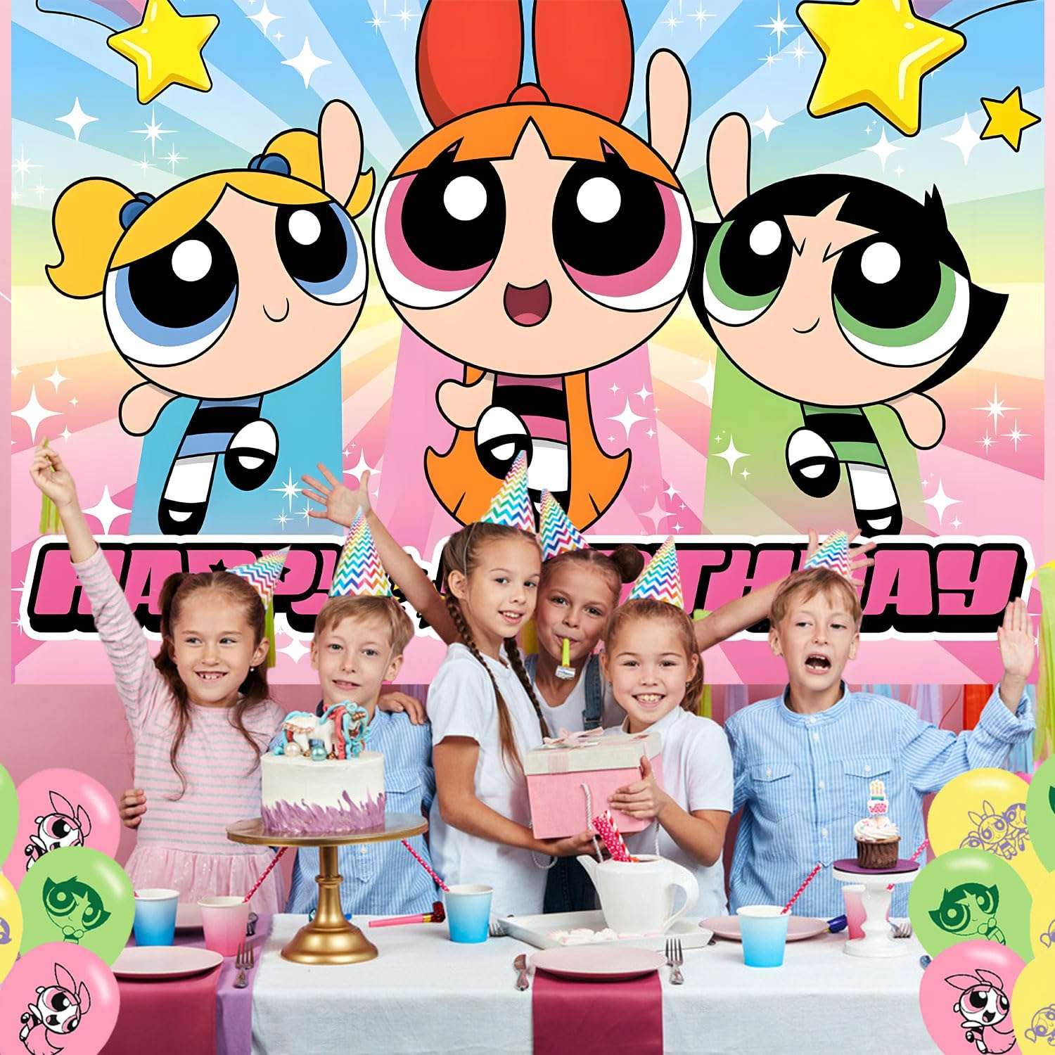 Power Girls Birthday Party Decoration,Power Girls Party Photo Background 5 x 3 FT and 18 Pcs Balloon,Merch Party Backdrop Supplies 6