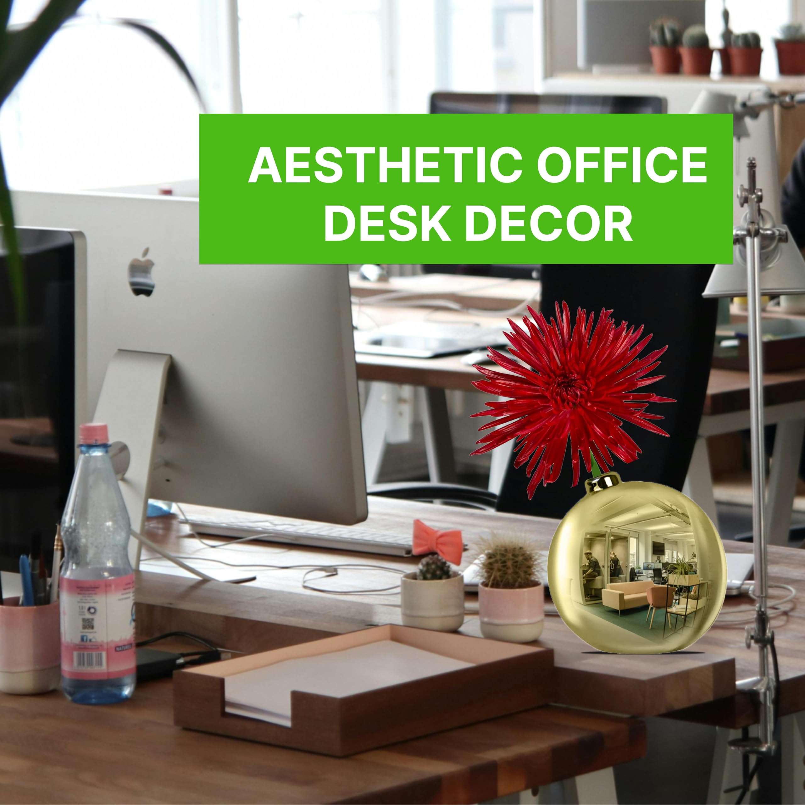 TidyFriend Convex Mirror Vase Gold Cubicle Decorations with Flower - 4" x 4" Cubicle Mirror, Desk Mirror to See Behind You - Aesthetic Office Cubicle Accessories, Office Cubicle Decor Organizer 4