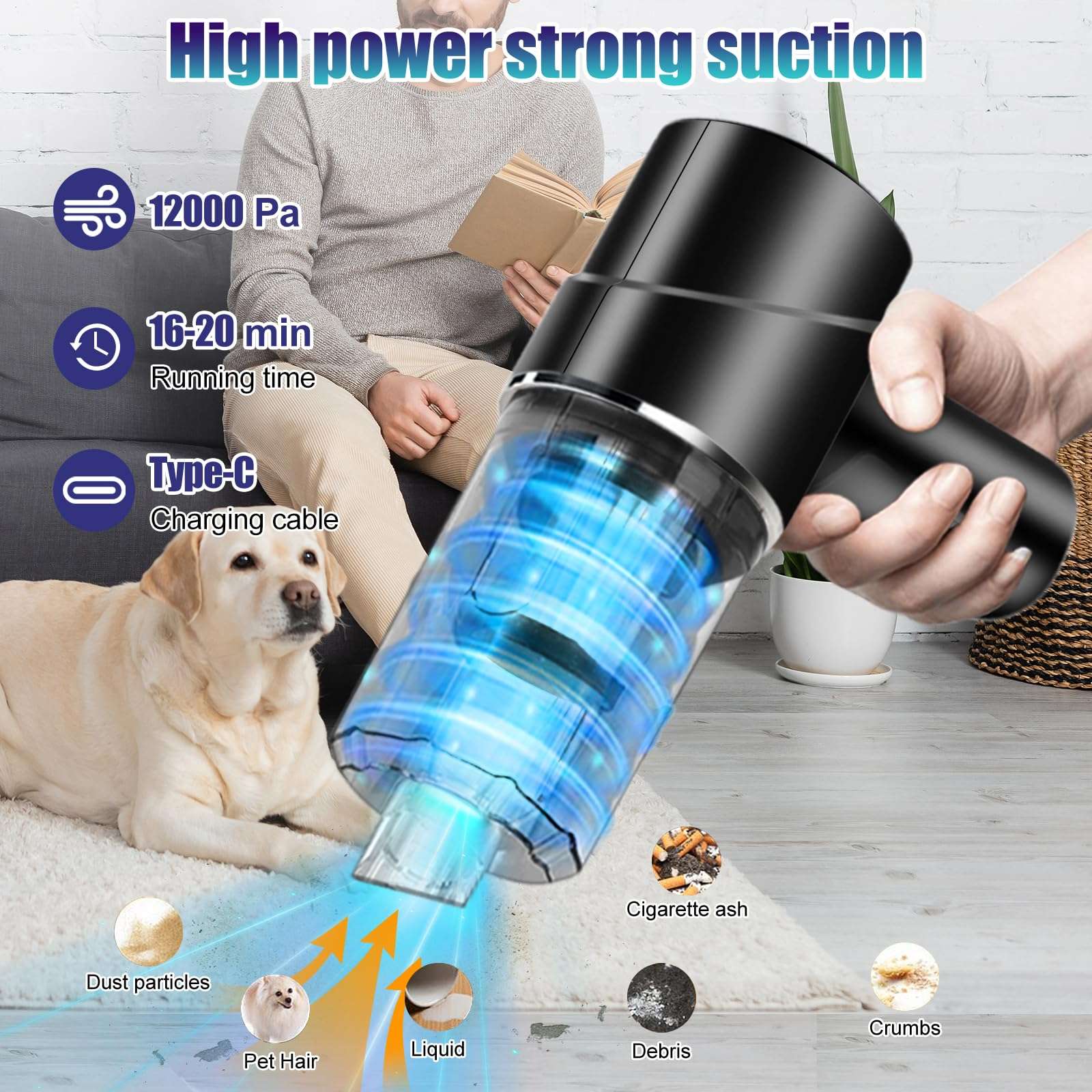 AGARELE Wireless Handheld Vacuum Cleaner, 12000Pa Car Vacuum Cleaner, Wireless 3-in-1 Vacuum Cleaner & Air Blower & Pump, Multifunctional Handheld Vacuum Cleaner with Brush for Car, Office, Home 3