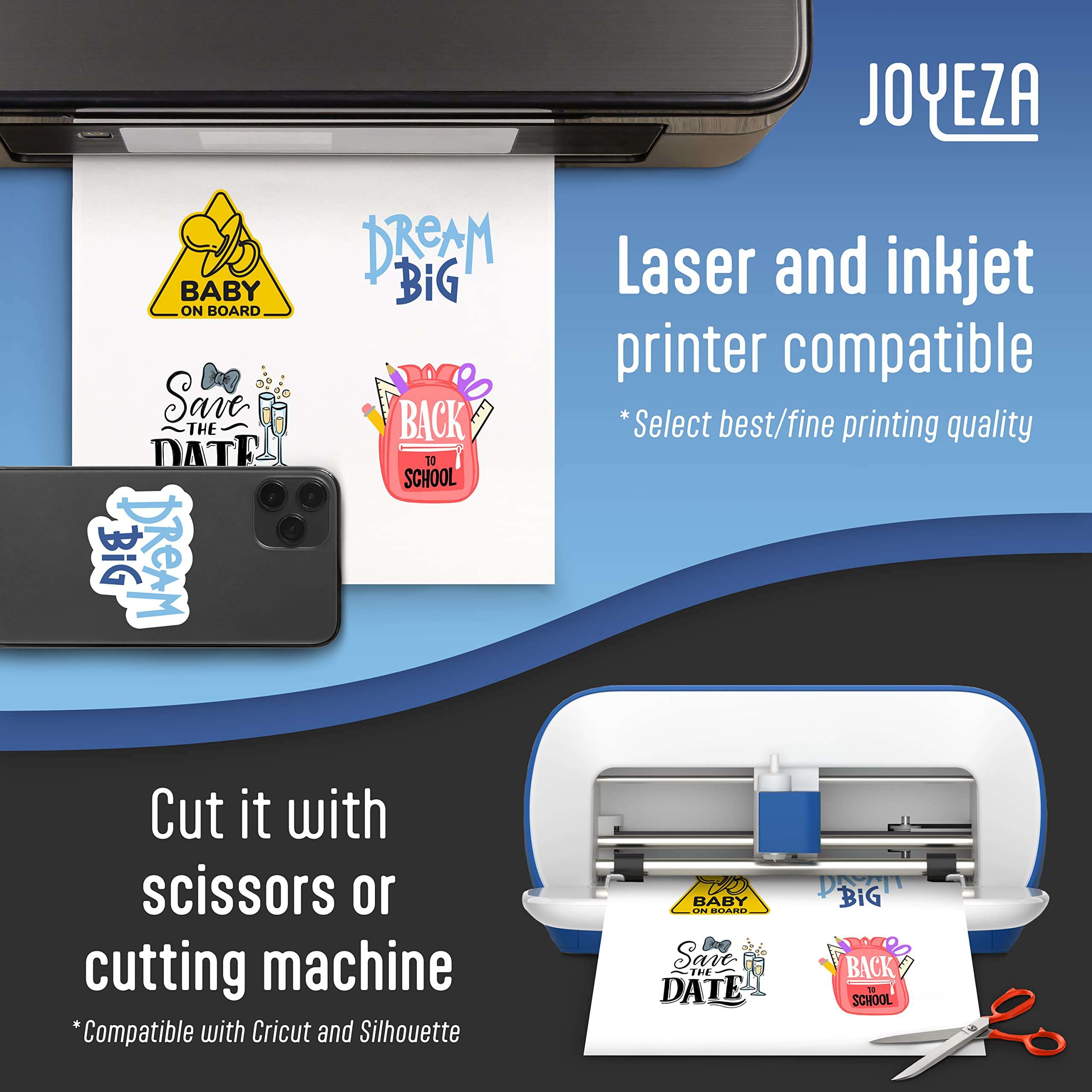JOYEZA Premium Printable Vinyl Sticker Paper for Inkjet Printer - 25 Sheets Glossy White Waterproof, Dries Quickly Vivid Colors, Holds Ink Well - Inkjet & Laser Printer 3
