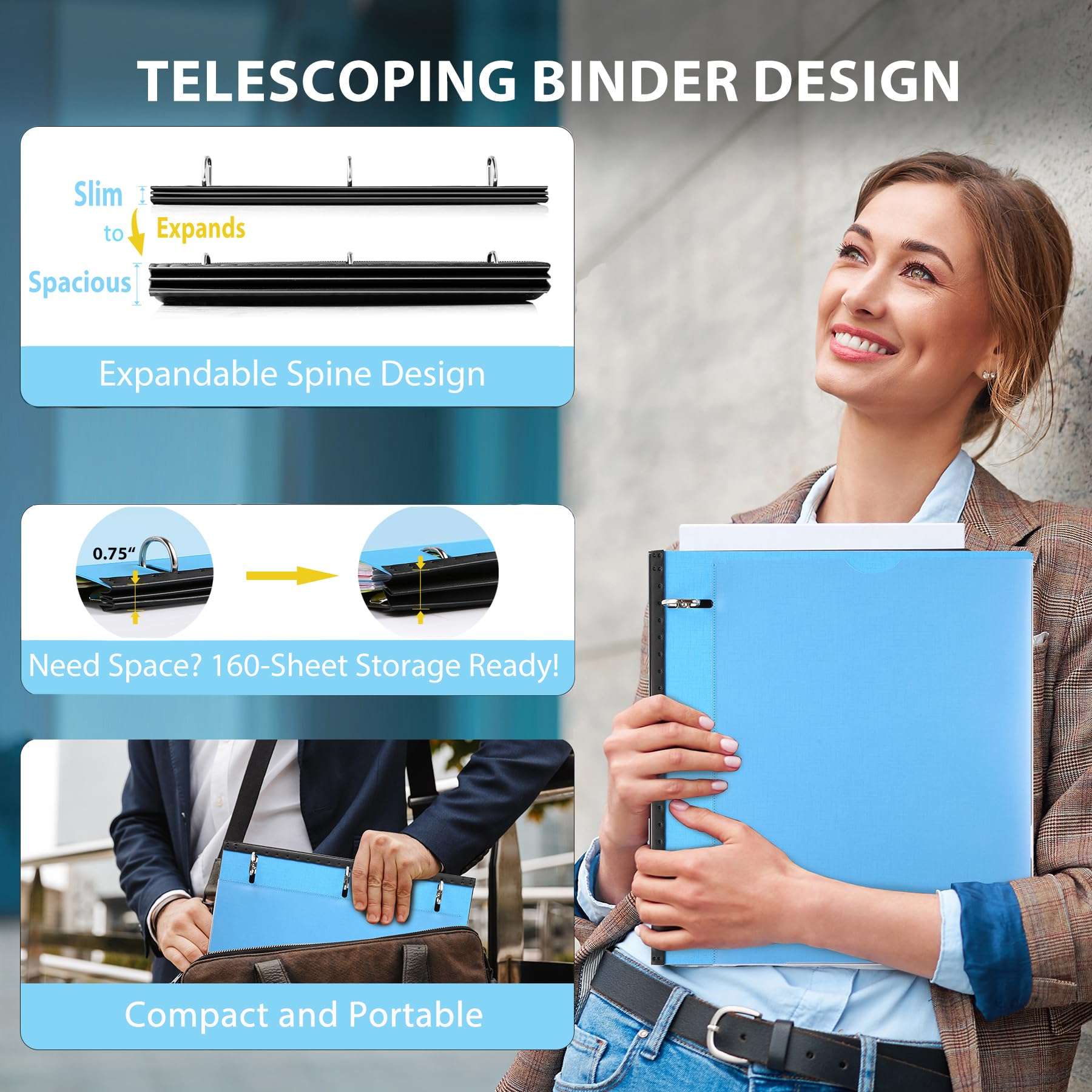 WOT I 12-Pack Telescoping 3 Ring Binder(0.75"), Expandable Flexible Binder - Patented Design for Easy Portability, Holds 160 Sheets, 4 Bright Colors, Perfect for School, Office&Home Organization 3