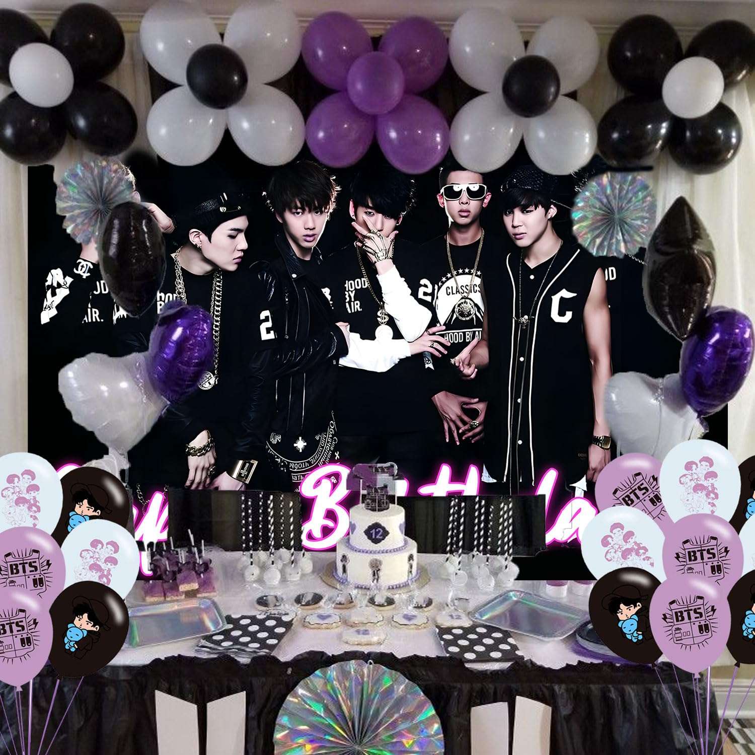 Bangtan Boys Birthday Party Decoration,Boy Band Party Photo Background 5 x 3 FT and 18 Pcs Balloon,Merch Party Backdrop Supplies 6