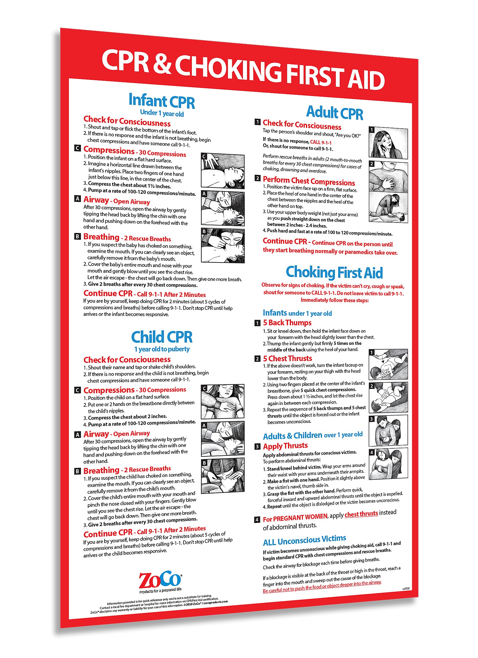 CPR and Choking Poster for Infant, Child, Adult - Laminated, 12 x 18 in. - CPR, Heimlich Maneuver First Aid Sign - Restaurant, School Nurse Office, Workplace Healthcare Poster