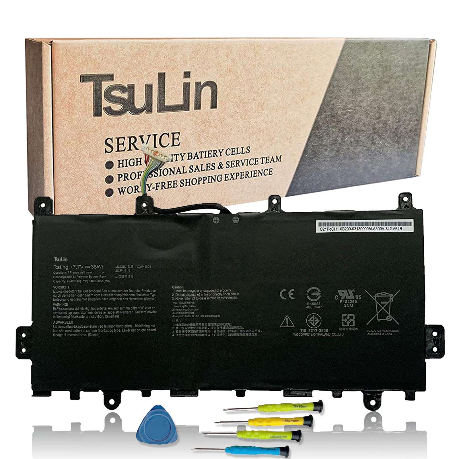 TsuLin C21N1808 38Wh 4940mAh Laptop Battery Compatible with Asus Chromebook C423NA C423NA-BV0001 C423NA-DH02 C423NA-1A C523NA C523NA-A20007 C523NA-1A Series C21PqCH 0B200-03130000 0B200-03060000 7.7V 1