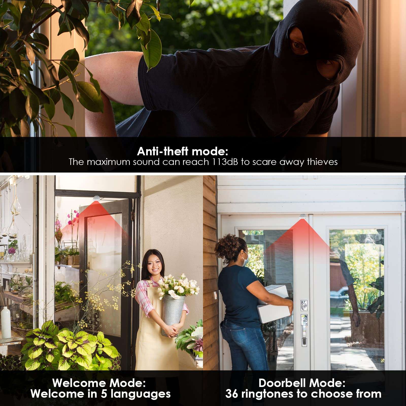 GREENCYCLE Motion Sensor Alarm, Wireless PIR Motion Sensor Detector Security Alarm Chime, Shop Store Office Home Front Door Entry Welcome Doorbell, Inside Door Bell Chime (4 Receiver 2 PIR Detector) 3