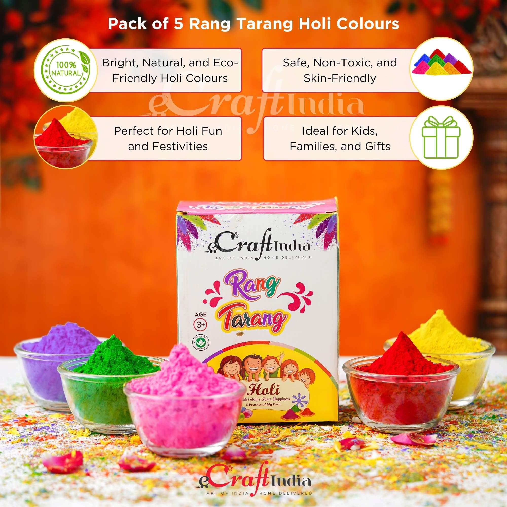 eCraftIndia Rang Tarang Holi Colours Packe of 5 (80g Each) | Holi Colours for Kids Family Men Women | Natural Holi Colour Organic | Holi Decoration Items | Holi Gulal | Holi Gift Hampers Box 5