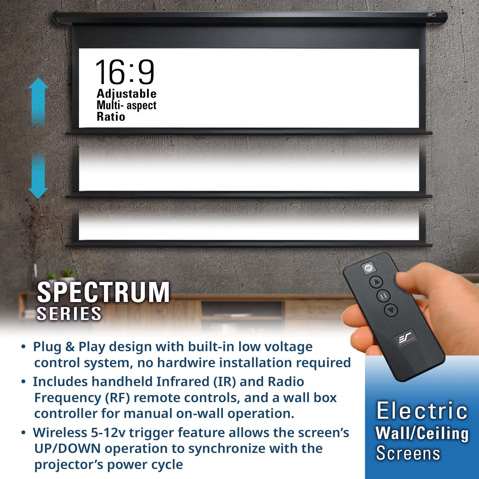 Projector Screen Elite Screens Spectrum RC1 Remote, 180-INCH Diag 16:9, Motorized Projection Screen Movie Home Theater 4K/8K Ultra HD Ready, ELECTRIC180H2 6