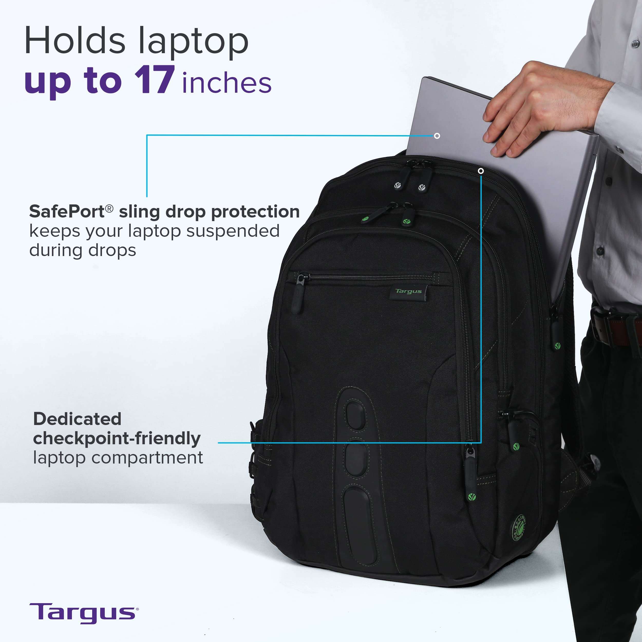 Targus Spruce EcoSmart Travel Laptop Backpack for 17 inch Laptops, TSA-Friendly Carry On Backpack Laptop Bag for Work and Travel, Black (TBB019US) 5