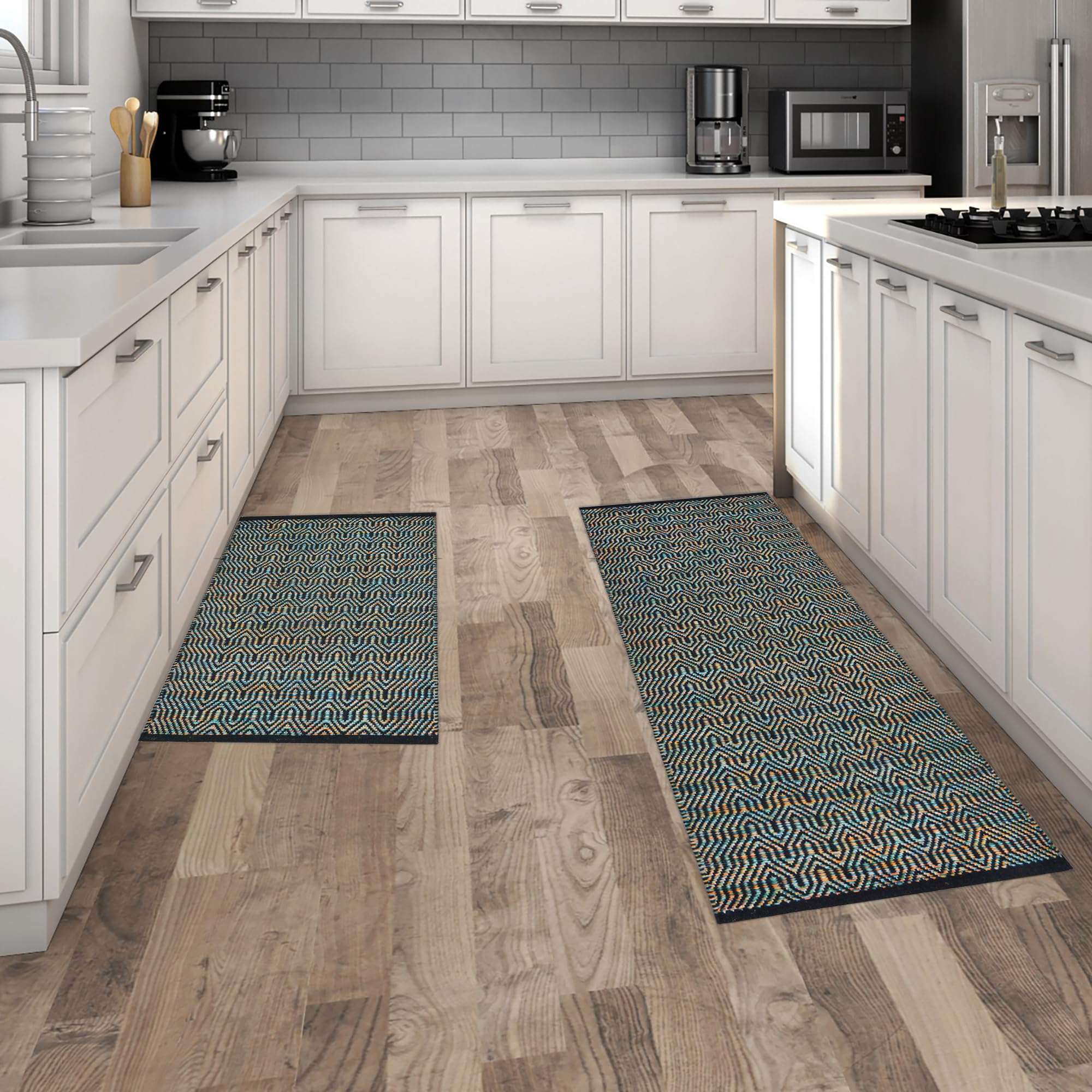 house of handmade™- Anti Slip Kitchen Mat Combo- 2 Pieces (Runner+Mat) Size- 50X140 & 50X80 cm, Handwoven Cotton Floor Rugs, Machine Washable. Black Melange 4