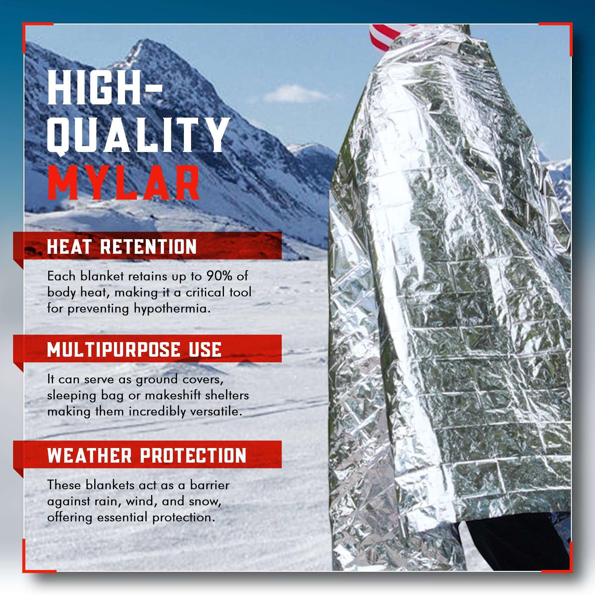 Mart Cobra Emergency Blanket 4-Pack Space Mylar Blankets Survival Gear and Supplies Reusable Thermal Camping Essentials First Aid Car Emergency Kit Prepper Bug Out Bag Foil Warm Cat Cold Snow Winter 3