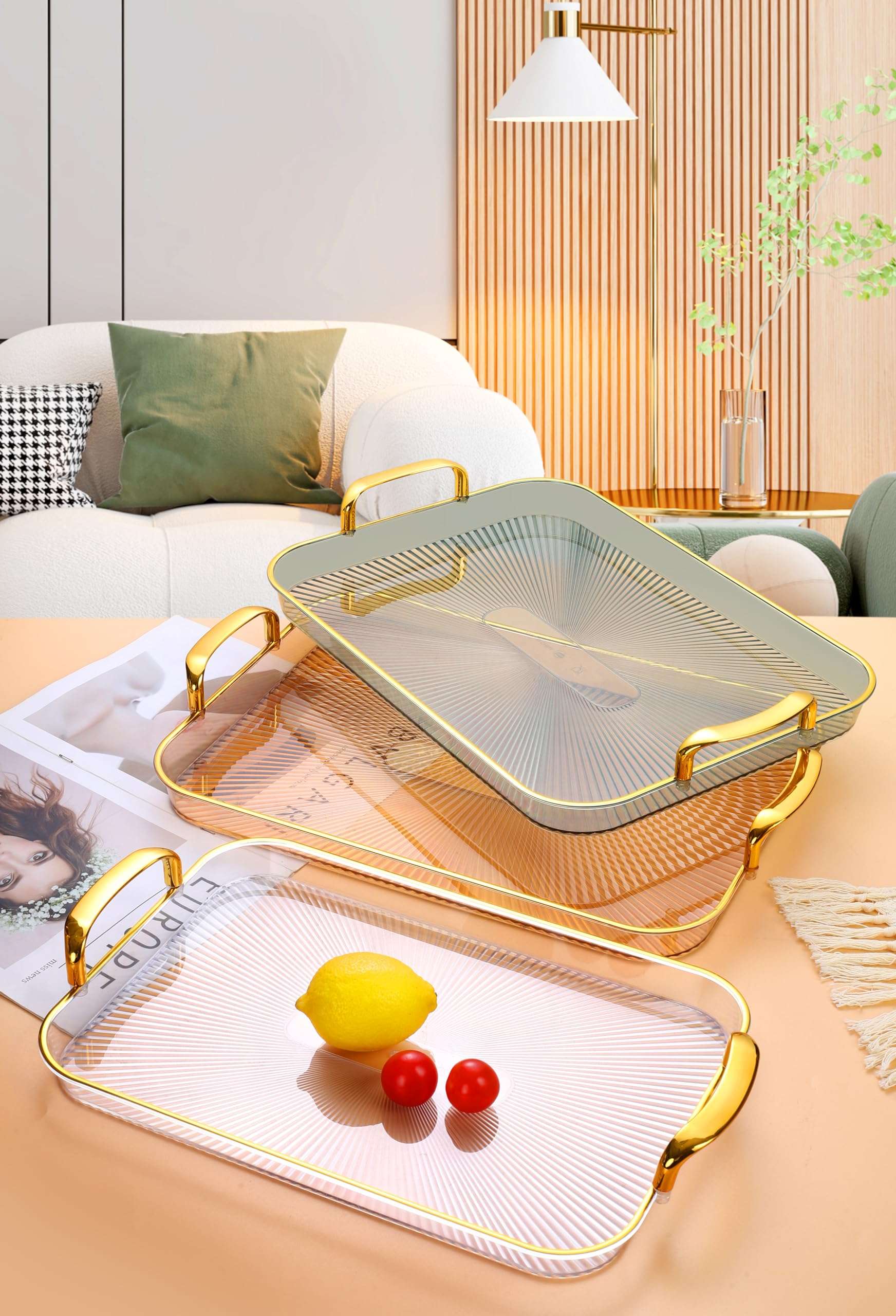BAREPEPE Plastic Serving Tray Set for Kitchen Rectangular Stylish Design Fancy Coated Golden Borders - Transparent White - Set of 3 Sizes 5