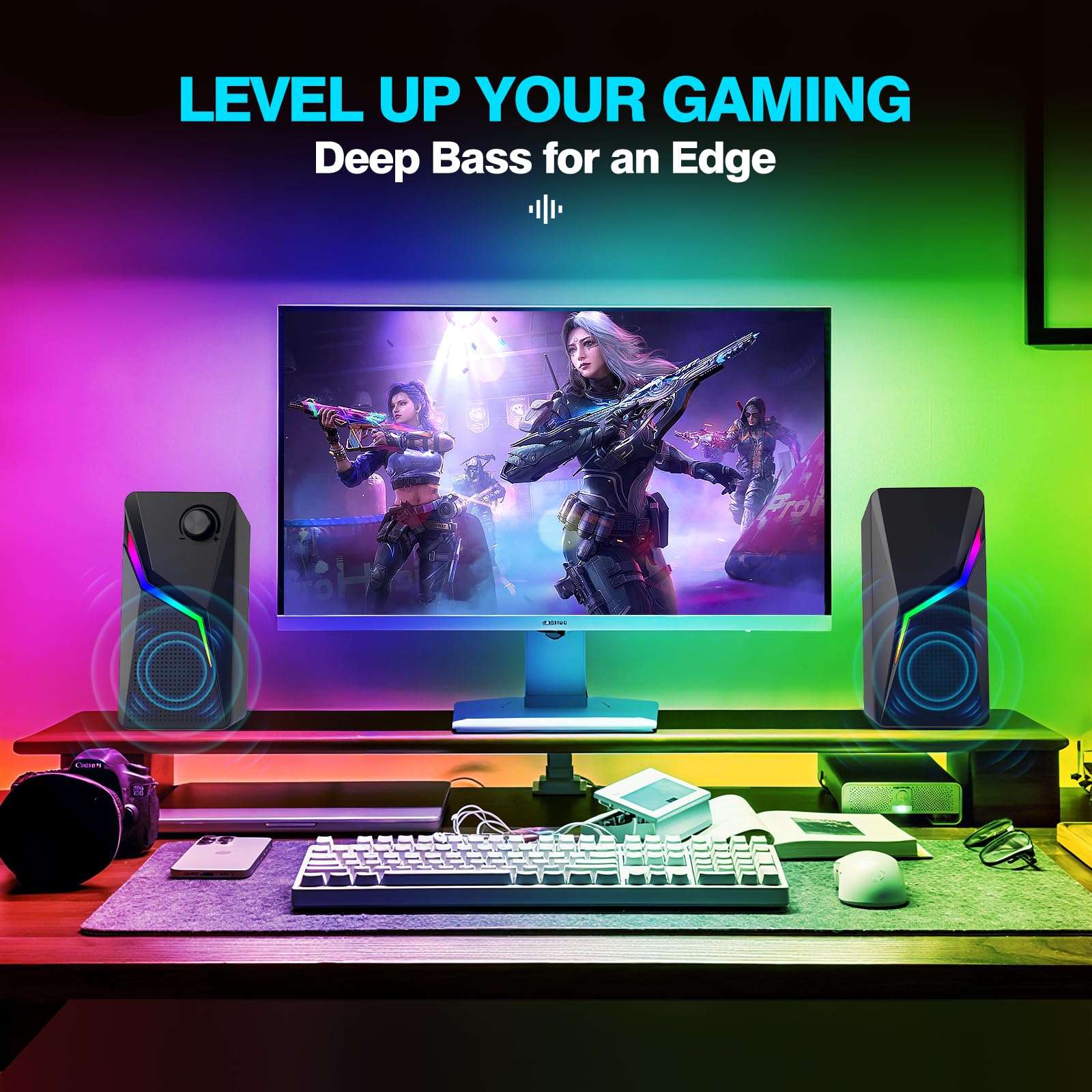 AYJBKL Computer Speakers for Desktop PC, USB-Powered Gaming Speakers for Laptop – Multi Colorful LED Backlight Modes, Stereo Sound for Gamers Music Movies, Indoor & Outdoor Use, 3.5mm AUX Cable 3