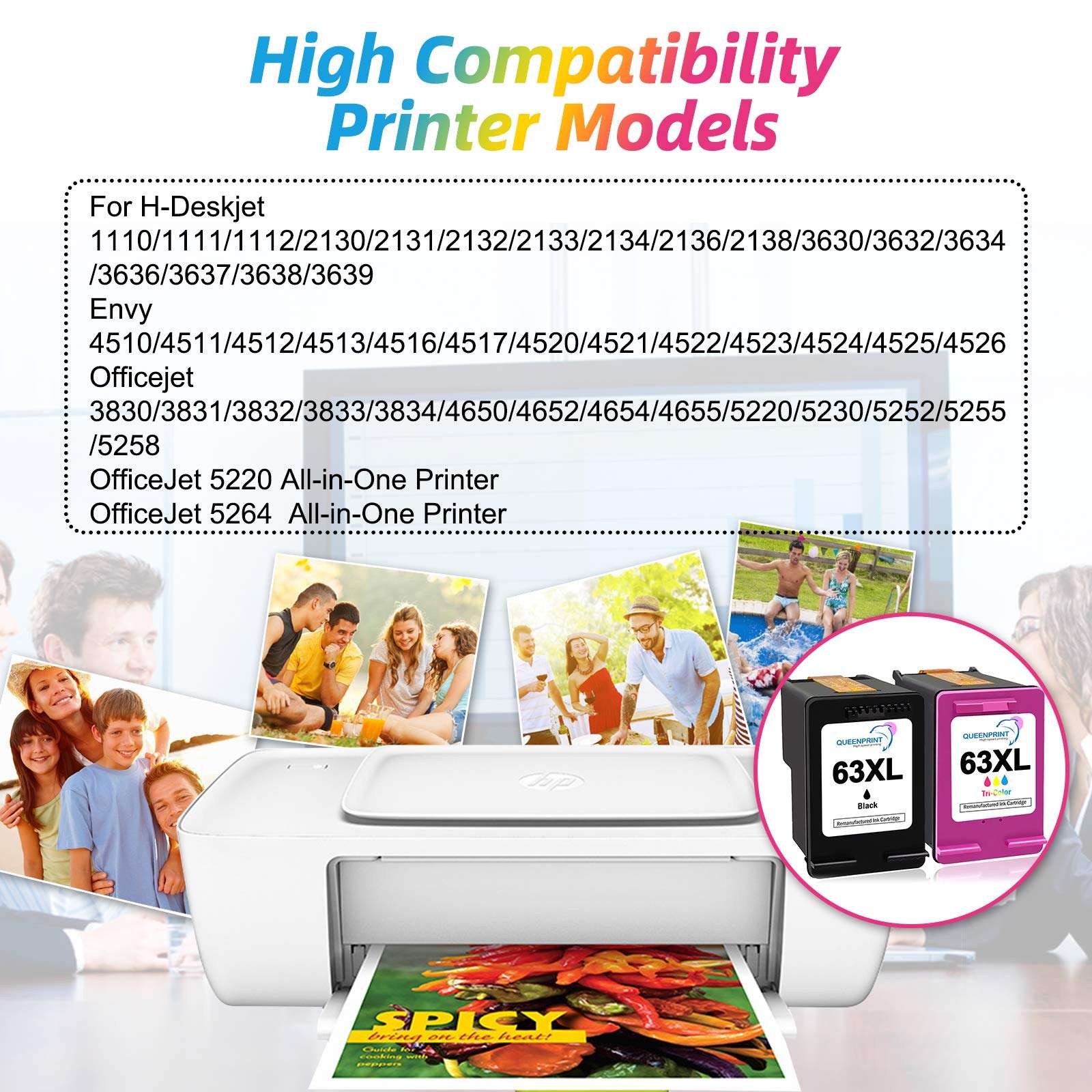 QUEENPRINT 63XL Ink Cartridge Combo Pack Replacement for HP 63 XL Inkjet Cartridge Black andColor for HP Printers 0fficeJet 3830 4650 5255 5258 Envy 4520 4512 Deskjet 1112 3634 3639 3632 3