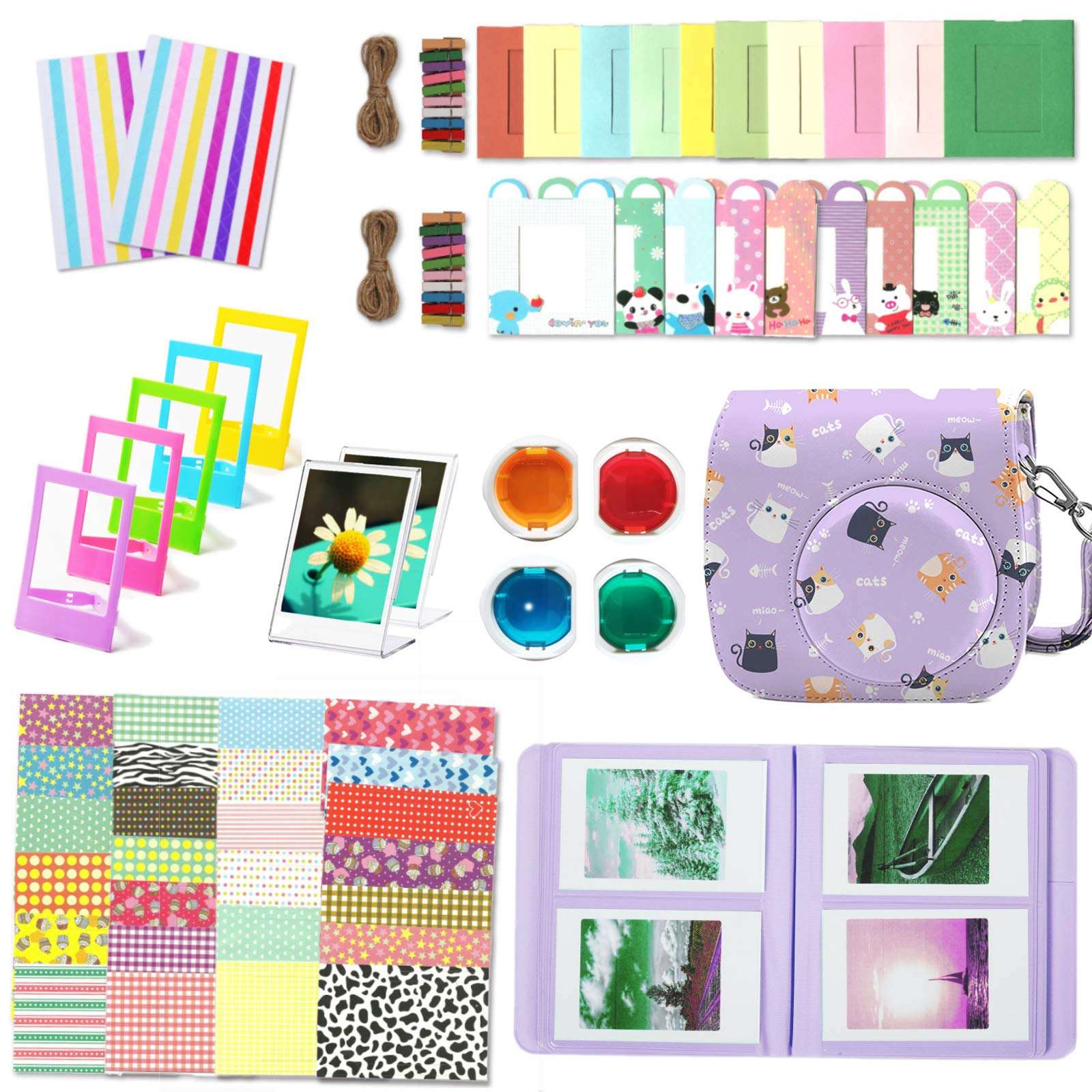 Fujifilm Instax Mini 8 Accessories, Leebotree 10 in 1 Camera Bundles Set Include Camera Case/Album/Selfie Lens/Colored Filters/Wall Hang Frames/Film Frames/Border Stickers/Corner Stickers/Pen (purple) 1