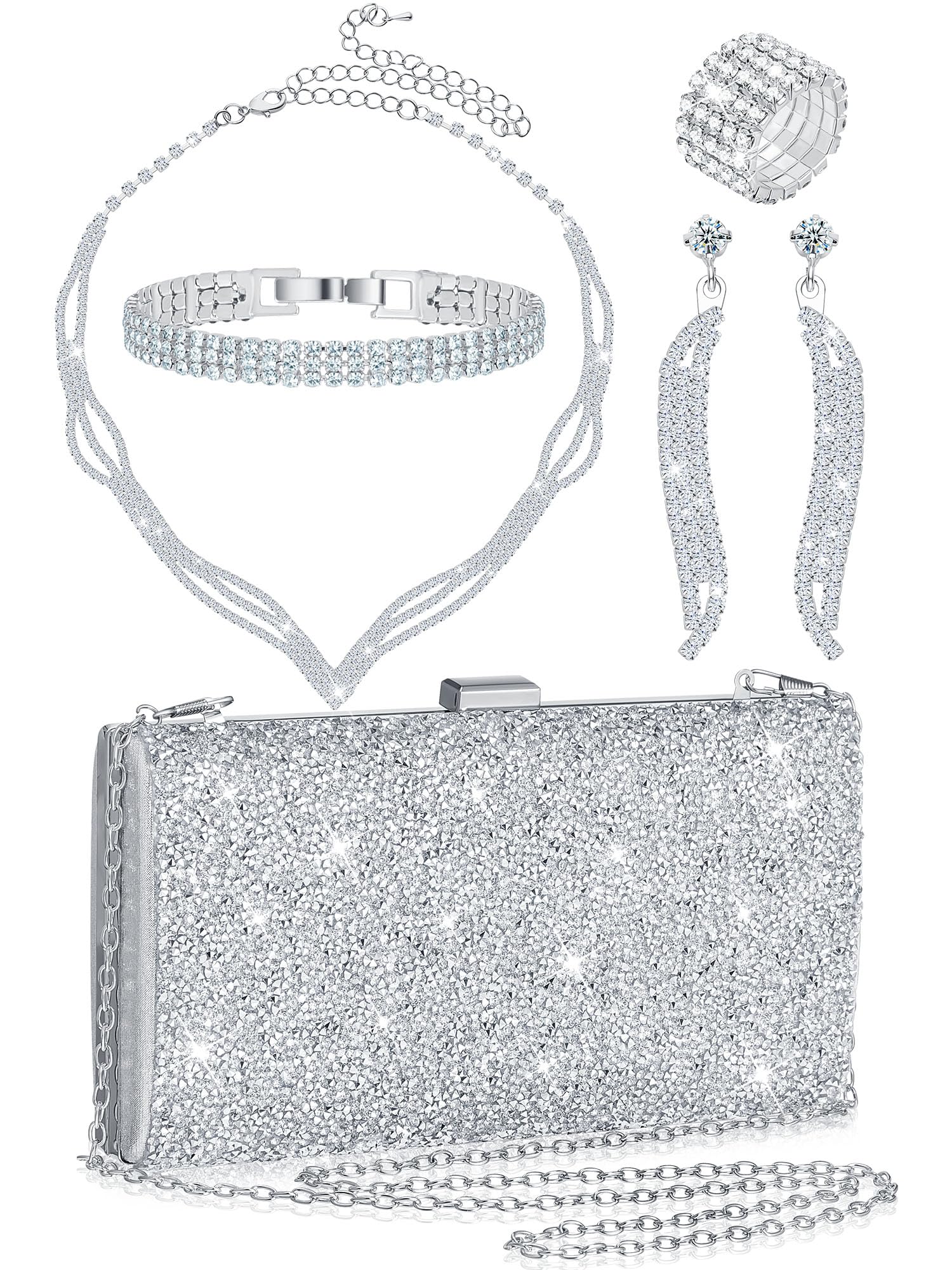 Henoyso 5 Pcs Purse Rhinestone Jewelry Set Rhinestone Clutch Purse Bride Prom Jewelry Necklace Earrings Bracelets for Women (One Side, Graceful Style)