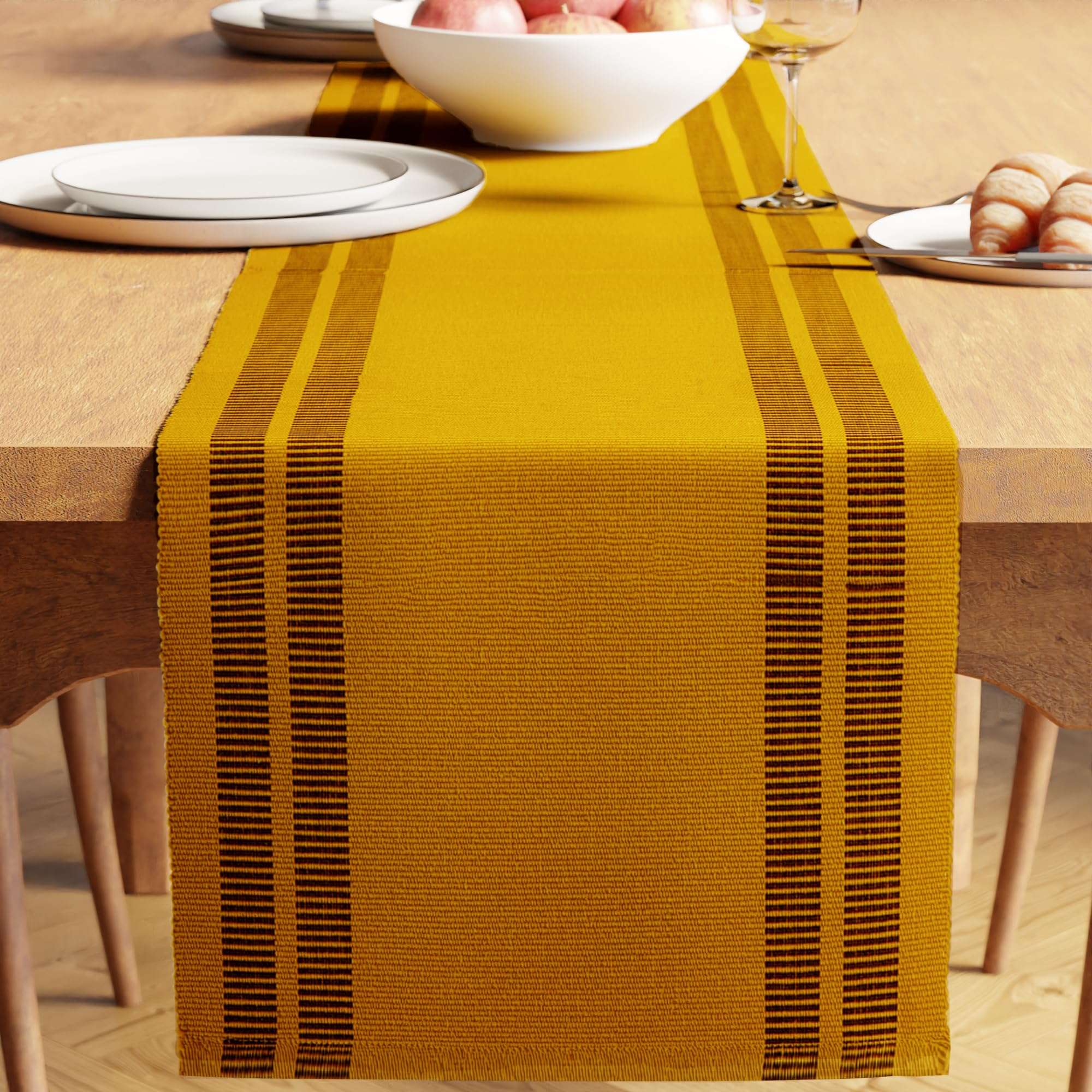 Encasa XO Dining Table Runner for 4 to 6 Seater| Yarn Dyed Fine Ribbed Cotton | Size 32x183 cm | Ladder Yellow | Machine Washable