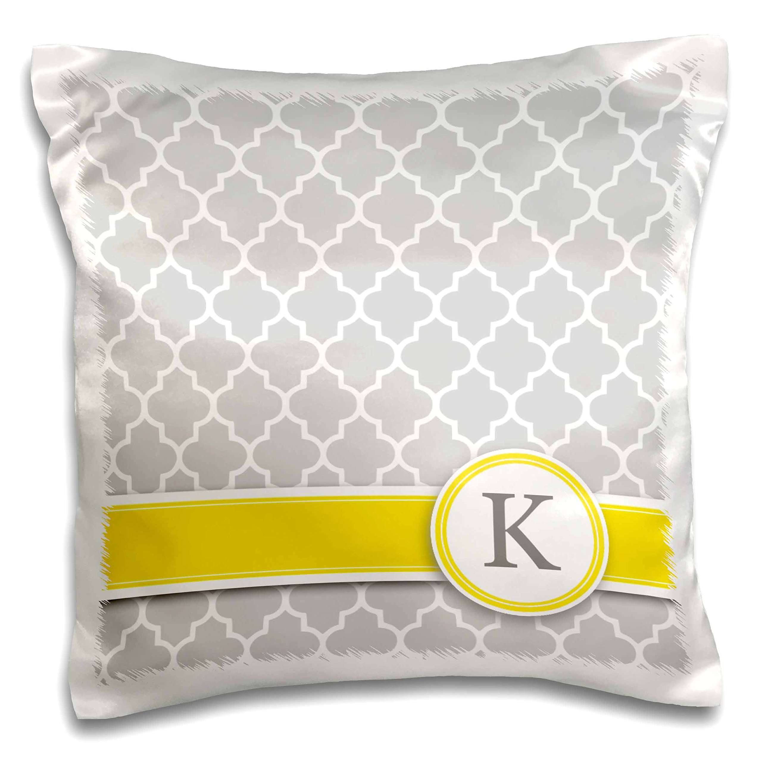 3dRose pc_154577_1 Your Personal Name Initial Letter K Monogrammed Grey Quatrefoil Pattern Personalized Yellow Gray Pillow Case, 16" x 16" 2