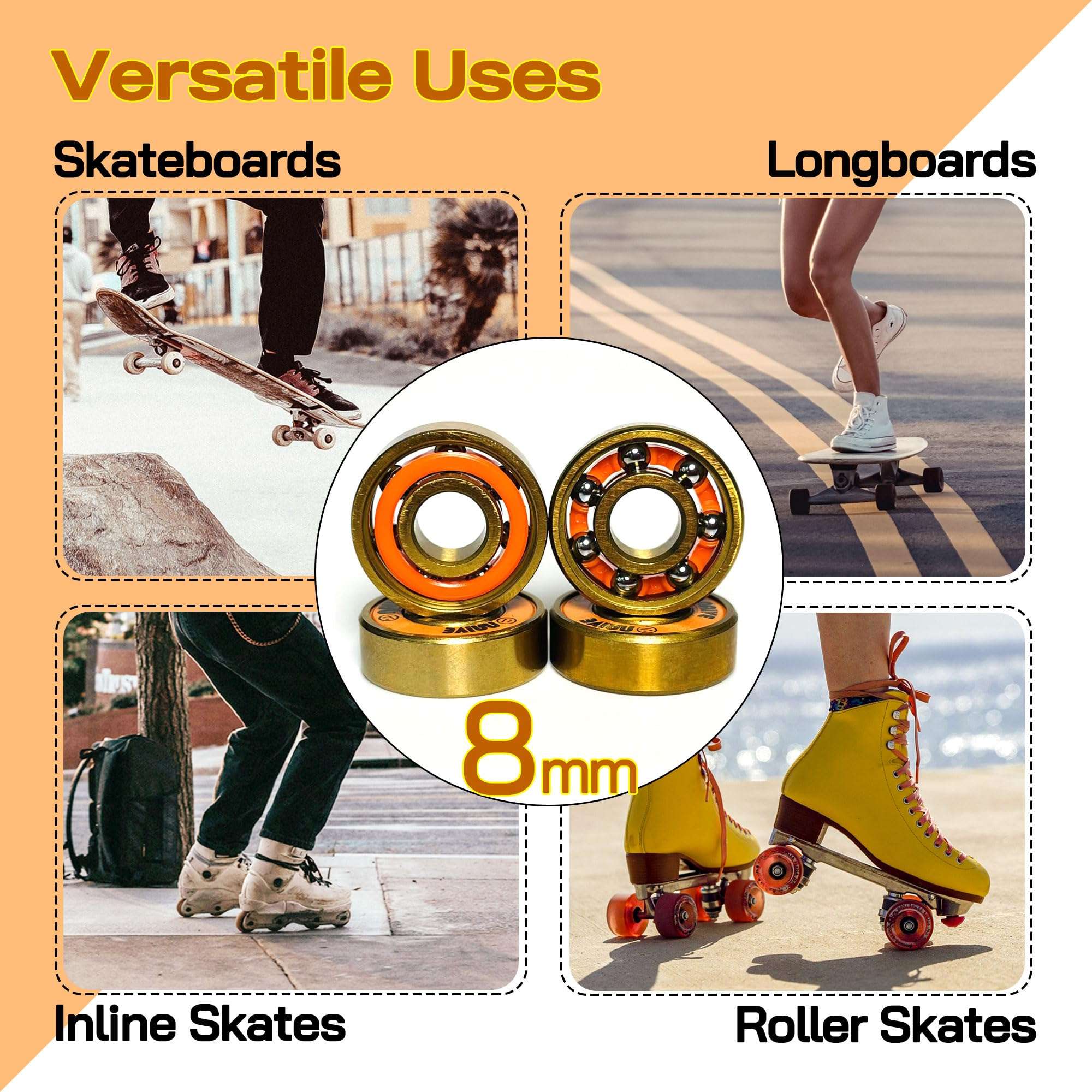 Naivskb Skate Bearings 8mm 8 Pack w/Nuts Washers Skateboard Longboard Roller Skates Surfskate(Golden Orange) 5