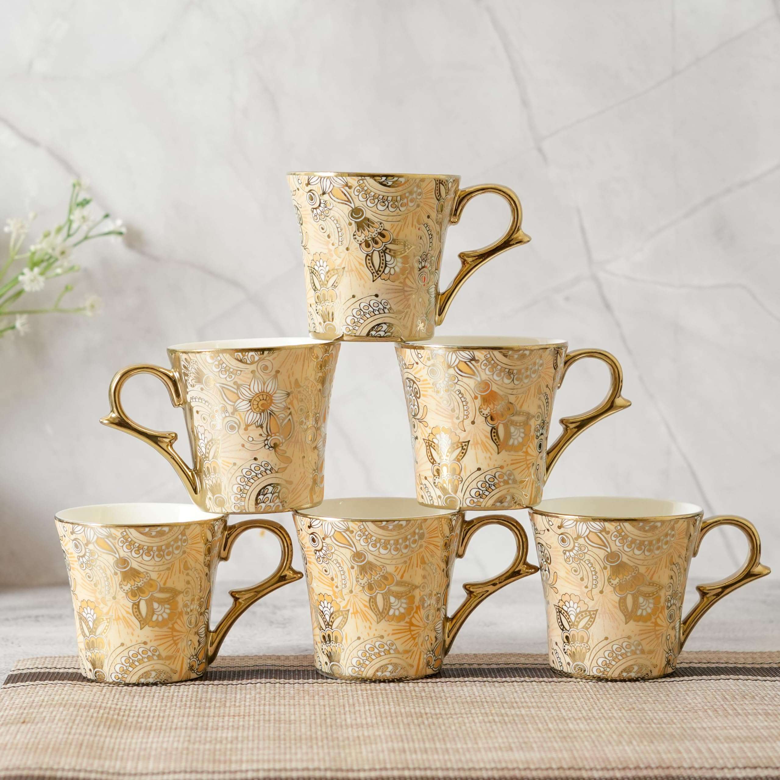Femora Bridal Mahendi Gold Print Ceramic Tea and Coffee Mugs, (180 ml, Golden) - 6 Pcs Set (NOT Microwave Safe) 5